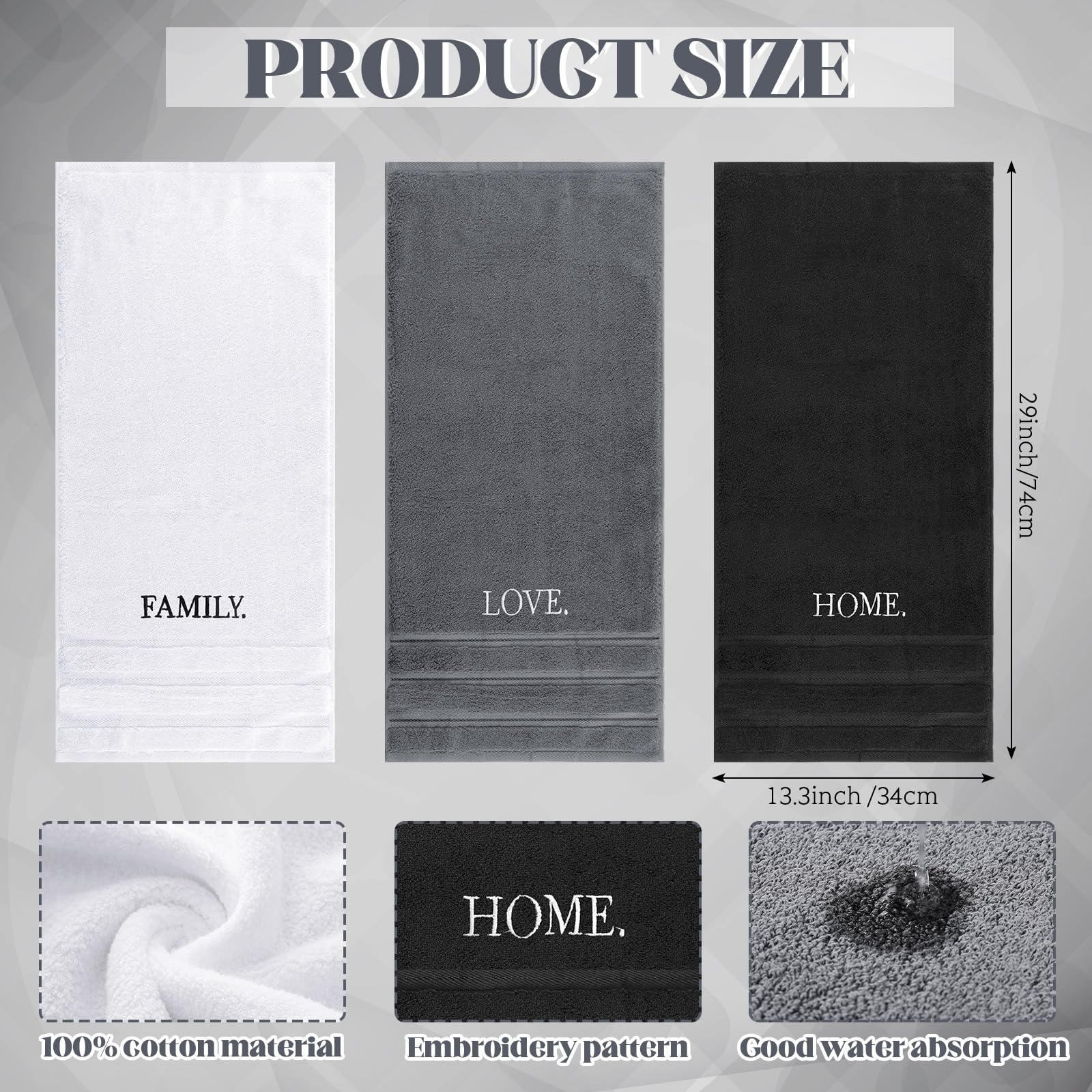 3 Pcs Home Love Family Hand Towels Farmhouse Decorative Embroidered Bathroom Hand Towels Rustic 100% Cotton Brown Hand Towels Set for Boho Bathroom Kitchen Decor