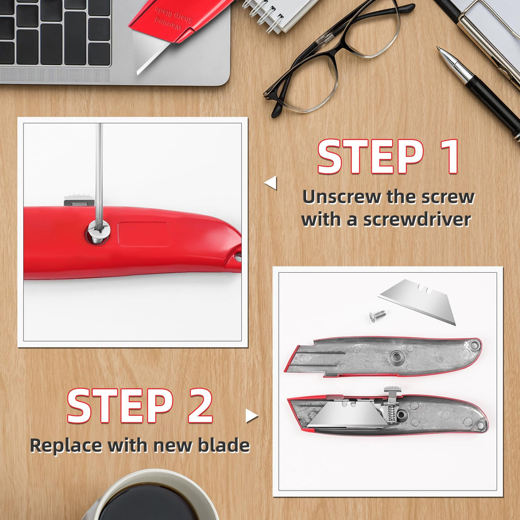 DIYSELF 2Pack Utility Knife Box Cutter Retractable Razor Blade Heavy Duty Box Cutters Knife PVC Pipe Cutter (Red)