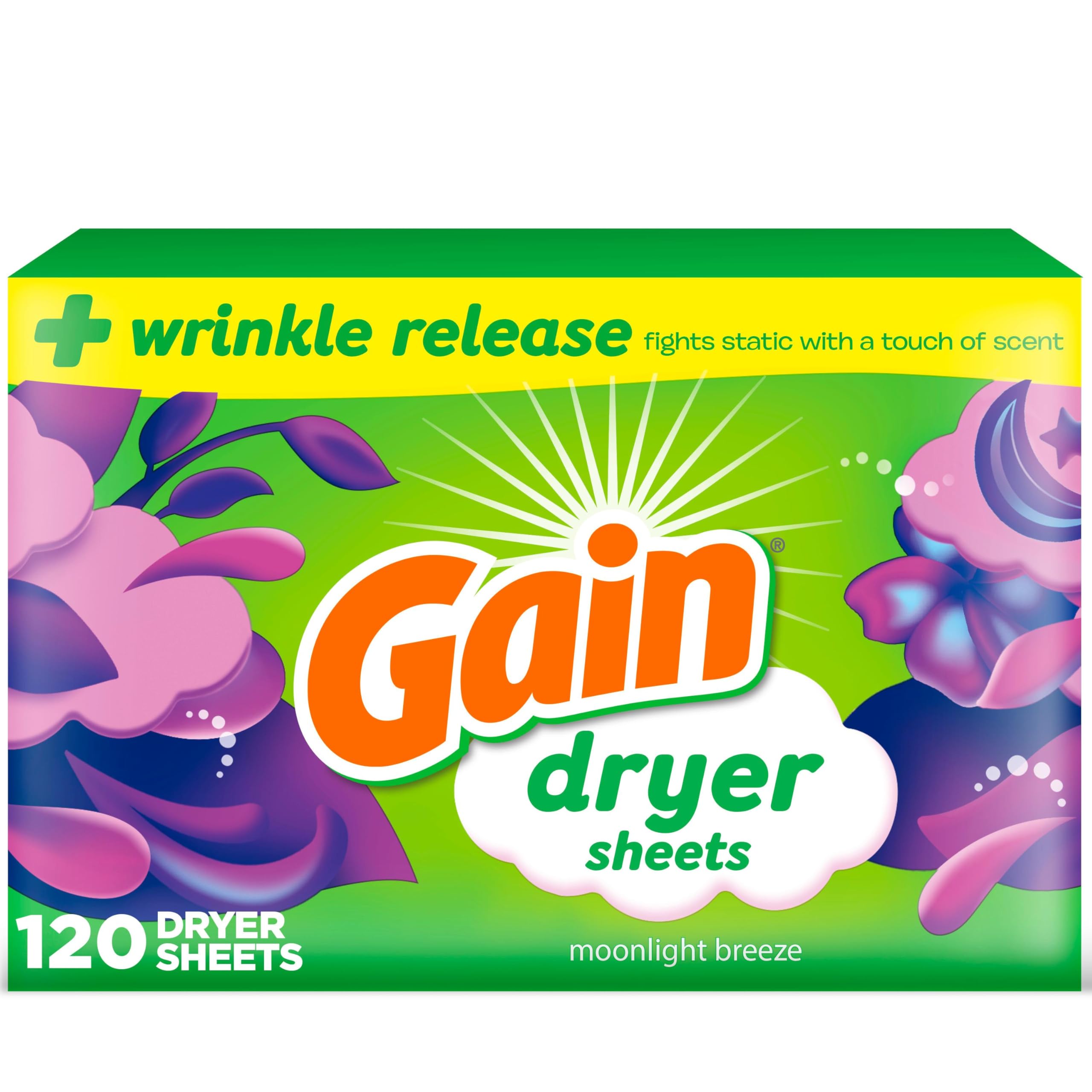 Gain dryer sheets Plus Wrinkle Release, Moonlight Breeze Scent, 120 Count, Fights static with a touch of scent, laundry sheets