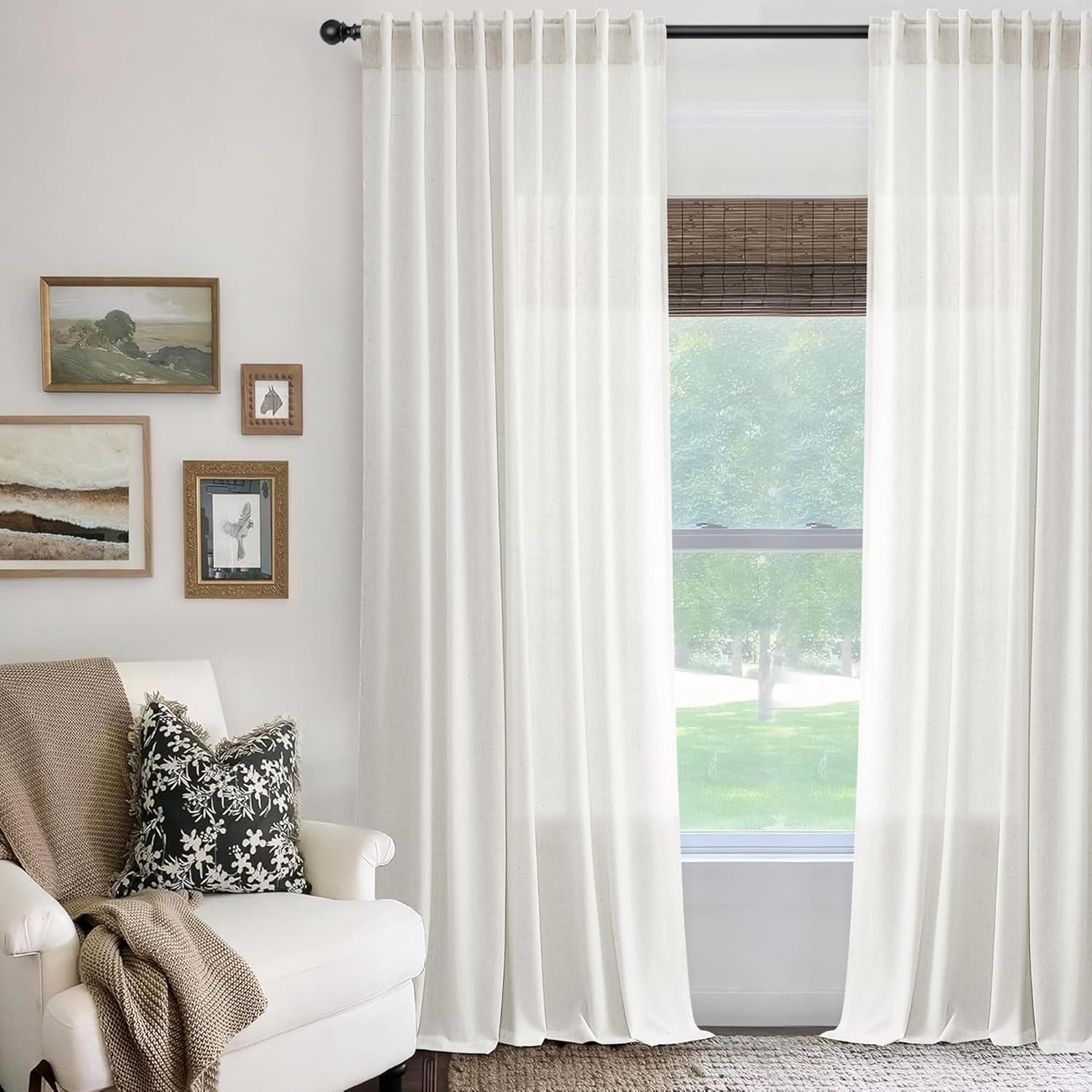 Linen White Curtains 84 inches Long for Bedroom Back Tab Privacy Light Filtering Semi Sheer White Boho Farmhouse Curtain Textured Modern Elegant Coastal Decor Curtains for Living Room