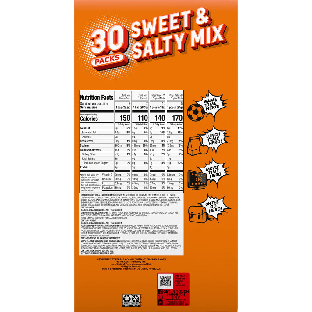 Keebler Sweet & Salty Variety Pack, 30-Count Box, Includes Keebler Chips Deluxe, Fudge Stripes, Utz mini Pretzels and Cheese Balls, 31 oz