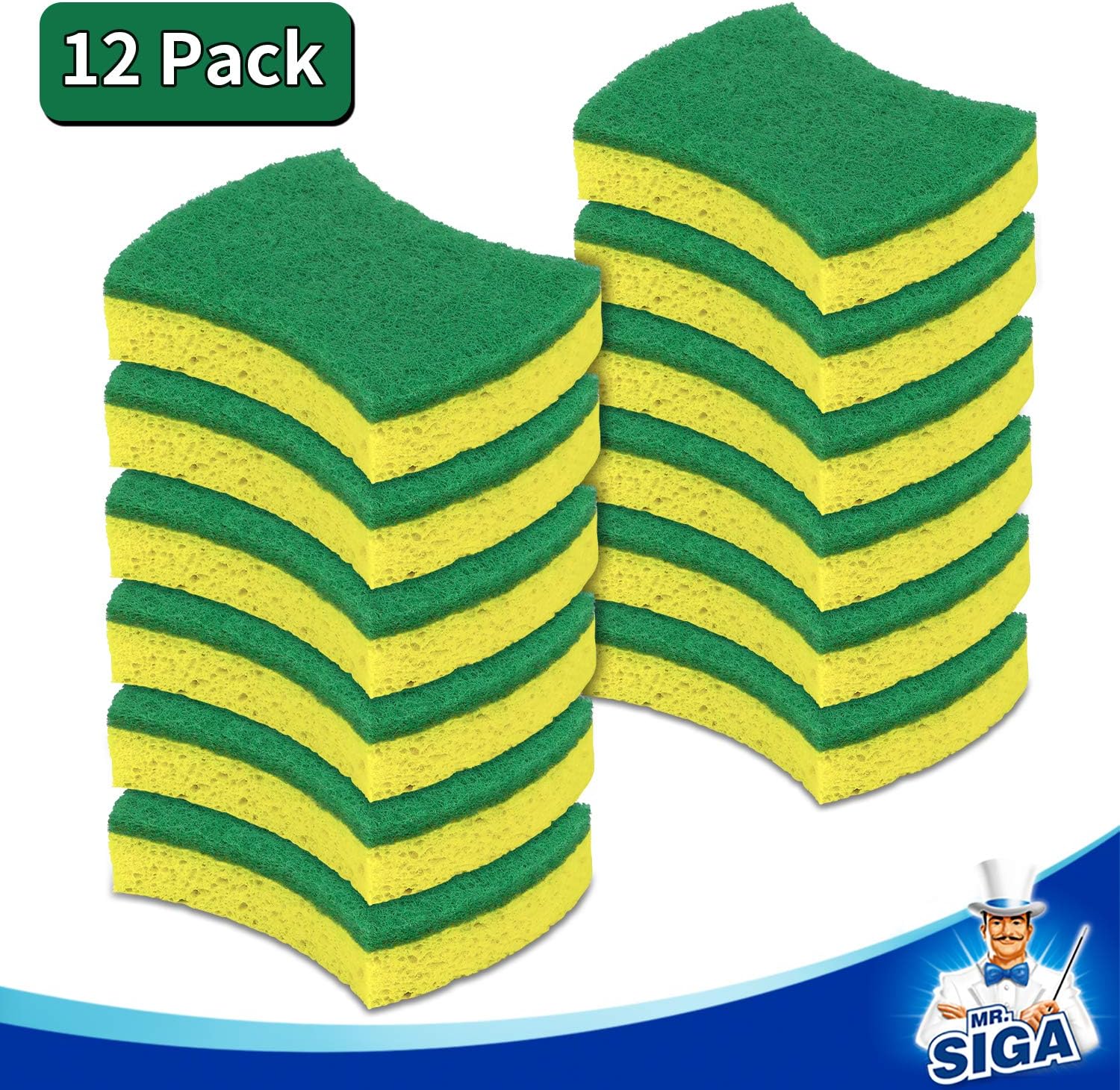 MR.SIGA Heavy Duty Cellulose Scrub Sponge, Dual-Sided Dishwashing Sponge for Kitchen, 12 Pack