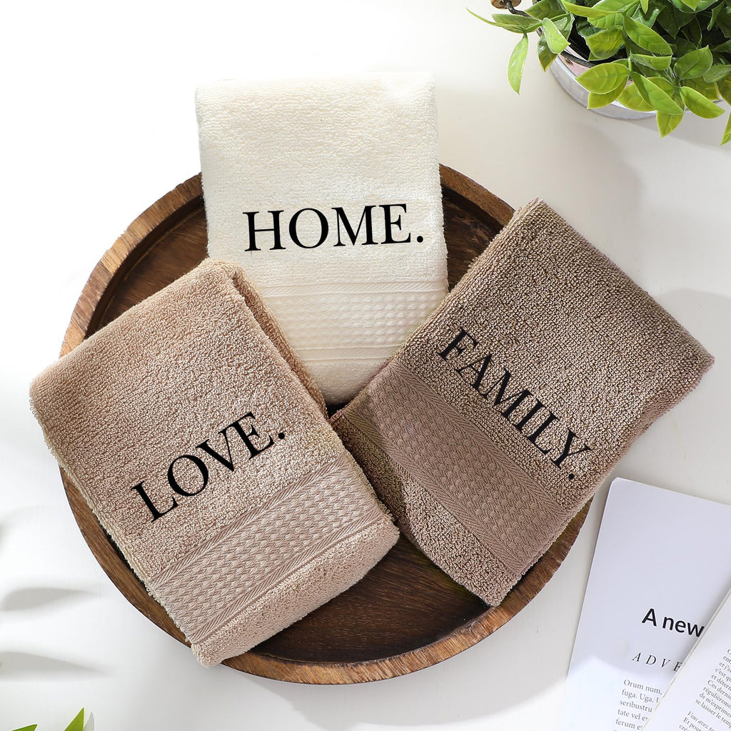 3 Pcs Home Love Family Hand Towels Farmhouse Decorative Embroidered Bathroom Hand Towels Rustic 100% Cotton Brown Hand Towels Set for Boho Bathroom Kitchen Decor