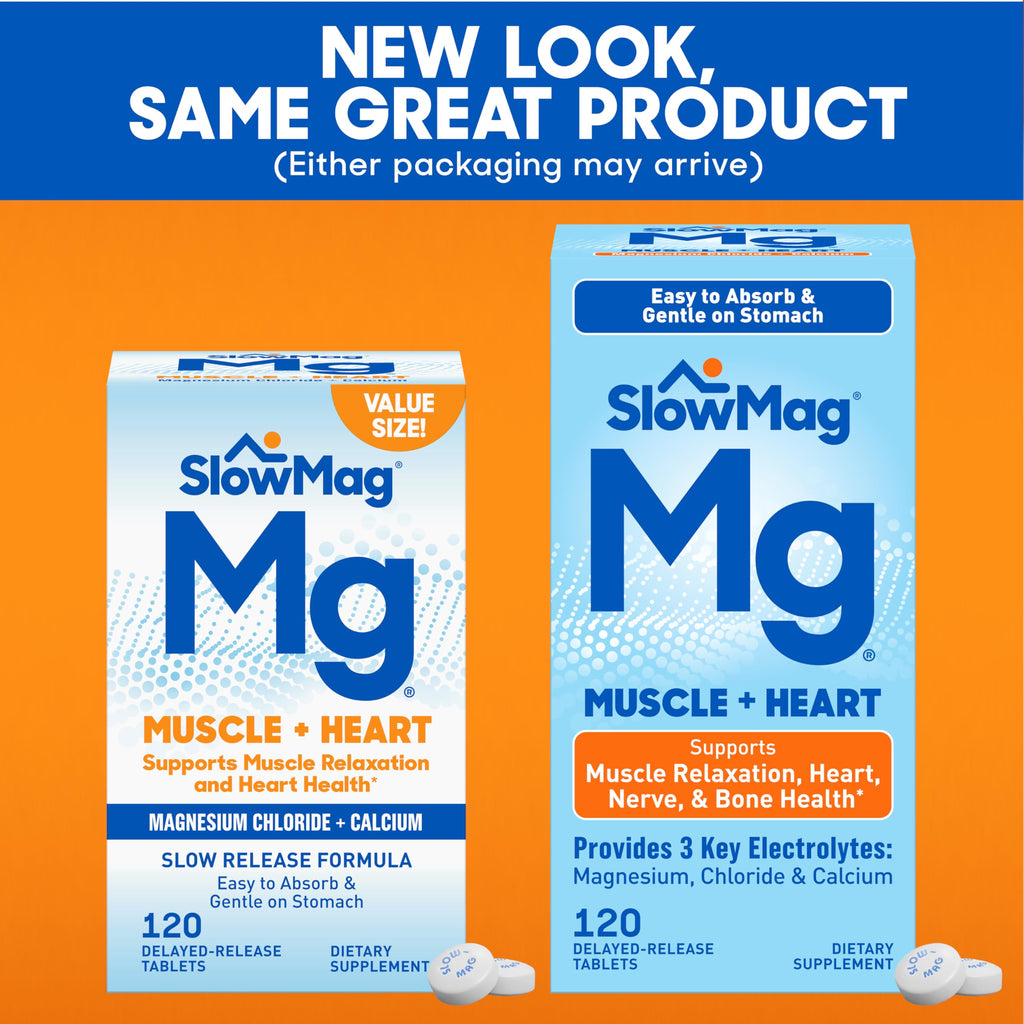 SlowMag Muscle & Heart Magnesium Chloride Supplement with Calcium, 180 Count, Supports Muscle Relaxation, Heart, Nerve & Bone Health, High Absorption