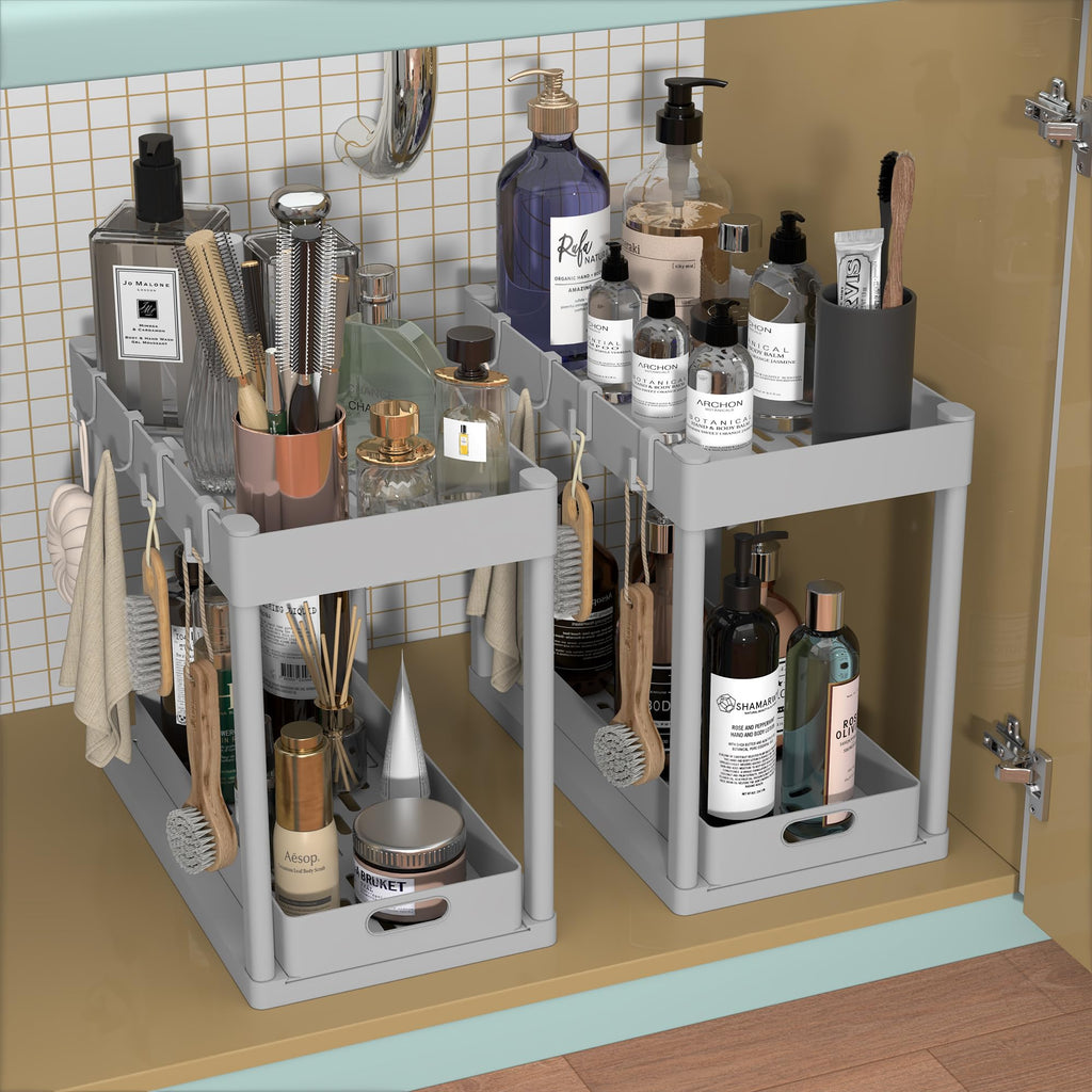 POUGNY 2 Pack Pull-Out Storage Organizers, Under Sink Organizer and Storage for Bathroom & Kitchen,Multi-Purpose Under Cabinet Organizers and storage Black