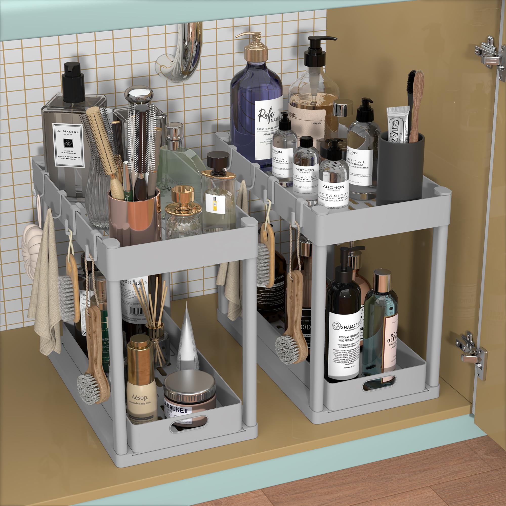 POUGNY 2 Pack Pull-Out Storage Organizers, Under Sink Organizer and Storage for Bathroom & Kitchen,Multi-Purpose Under Cabinet Organizers and storage Black