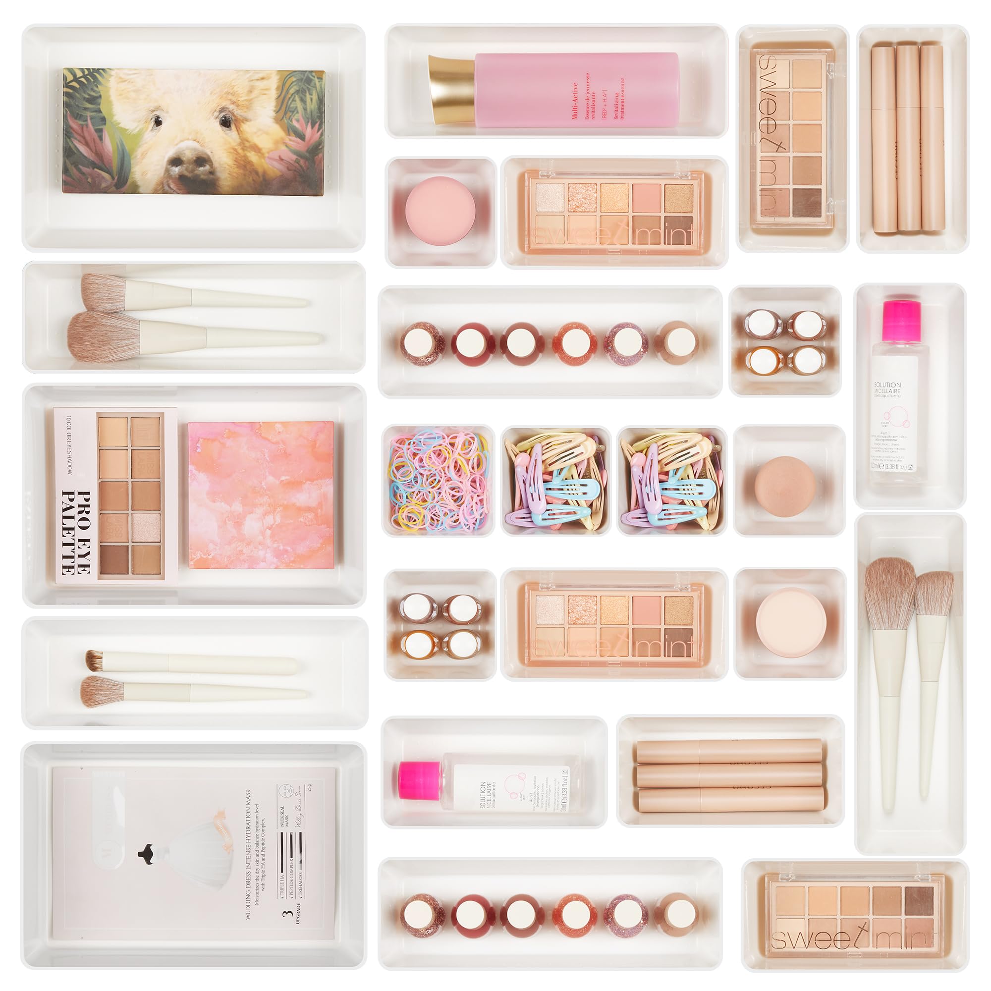 Vtopmart 25 PCS Clear Plastic Drawer Organizers Set, 4-Size Versatile Bathroom and Vanity Drawer Organizer Trays, Storage Bins for Makeup, Bedroom, Kitchen Gadgets Utensils and Office