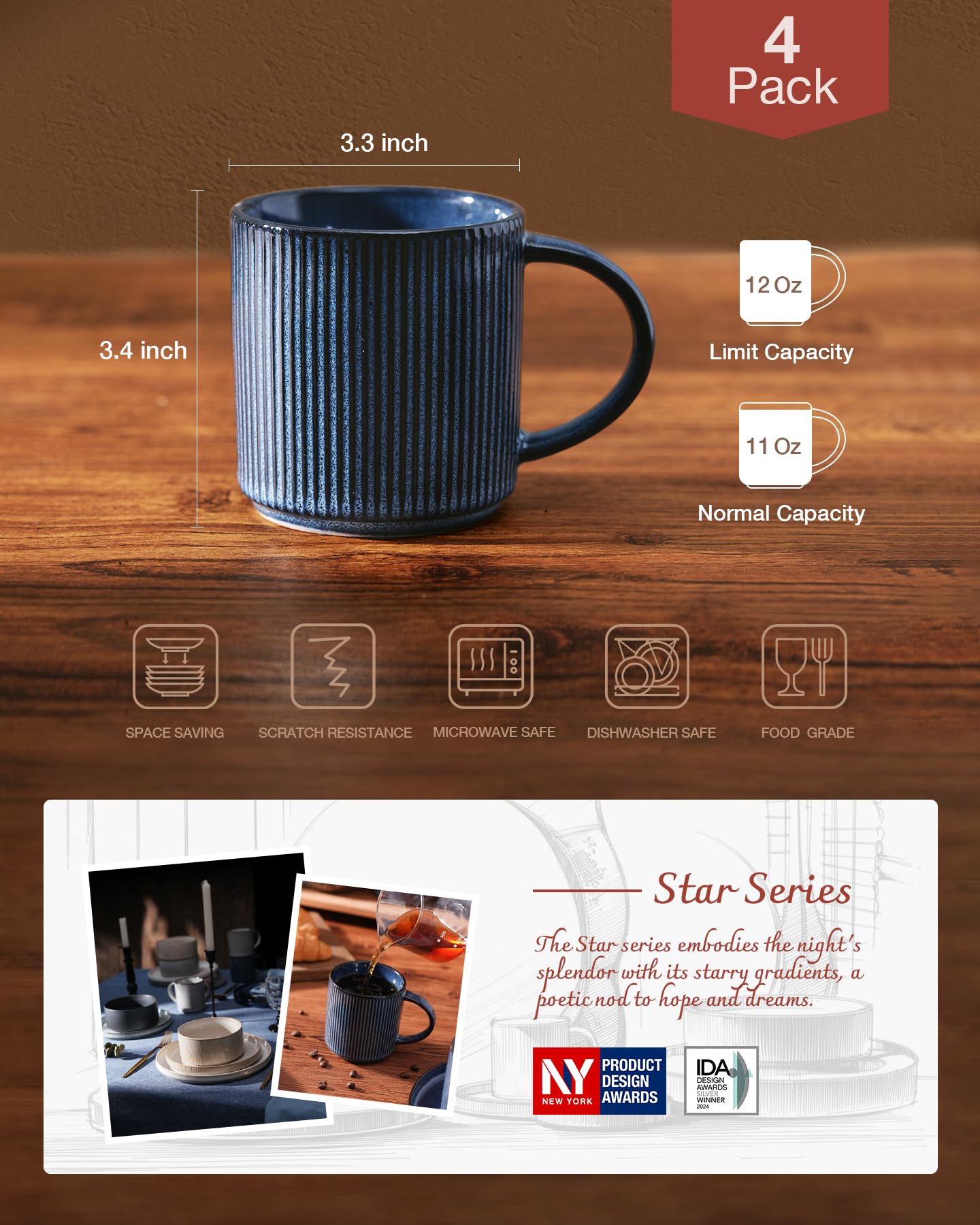 famiware Coffee Mugs Set of 6, Starlight 11 oz Mug Cup Set with Handle for Coffee, Tea, Cocoa, Milk - Ceramic Stoneware Mug Set, Matte Black Grey