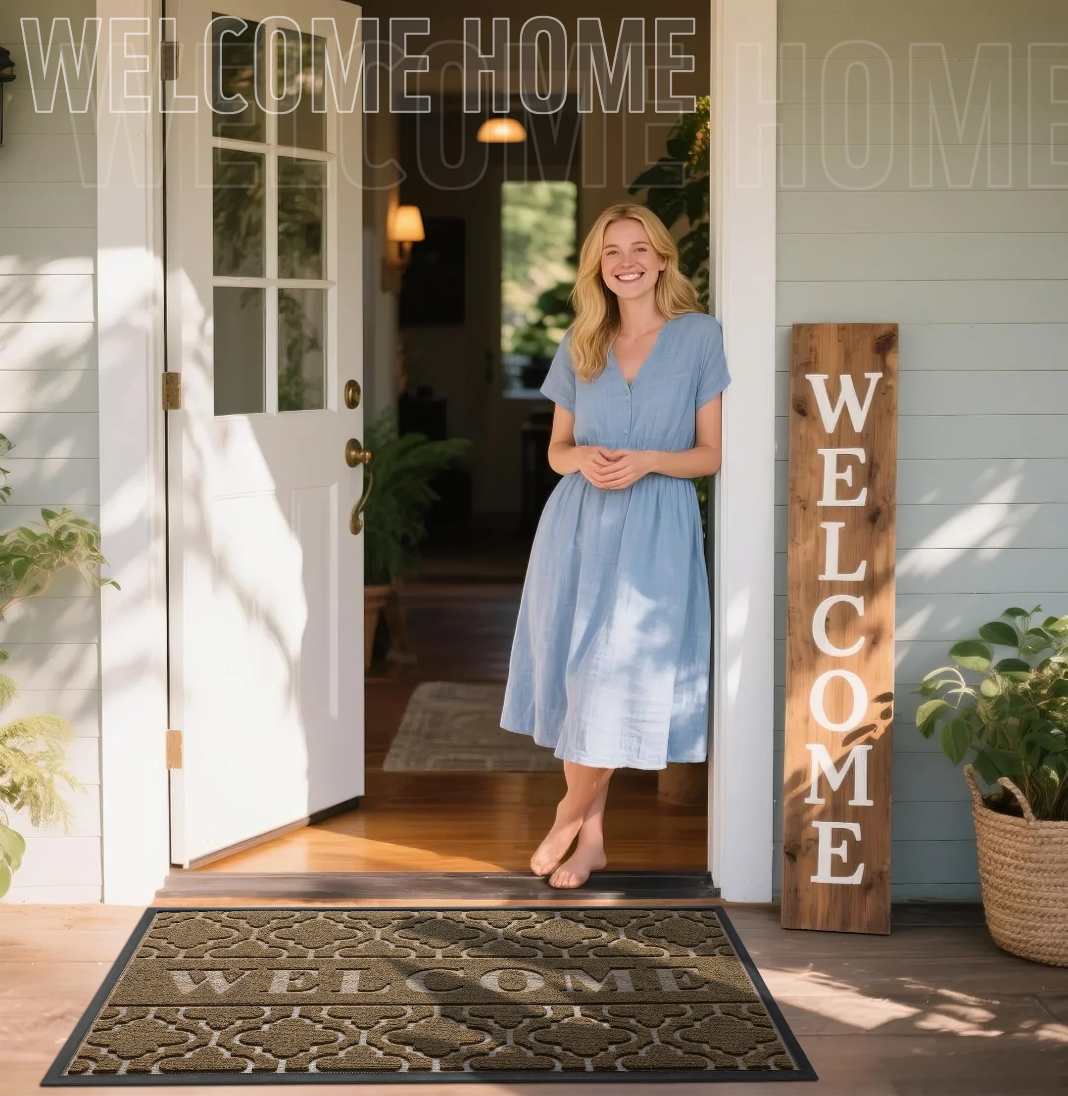 Yimobra Welcome Mat Outdoor Indoor, All-Weather Waterproof Front Door Mat Outside Entrance, Non-Slip Low Profile Porch Patio Doormat, 29.5x17, Black