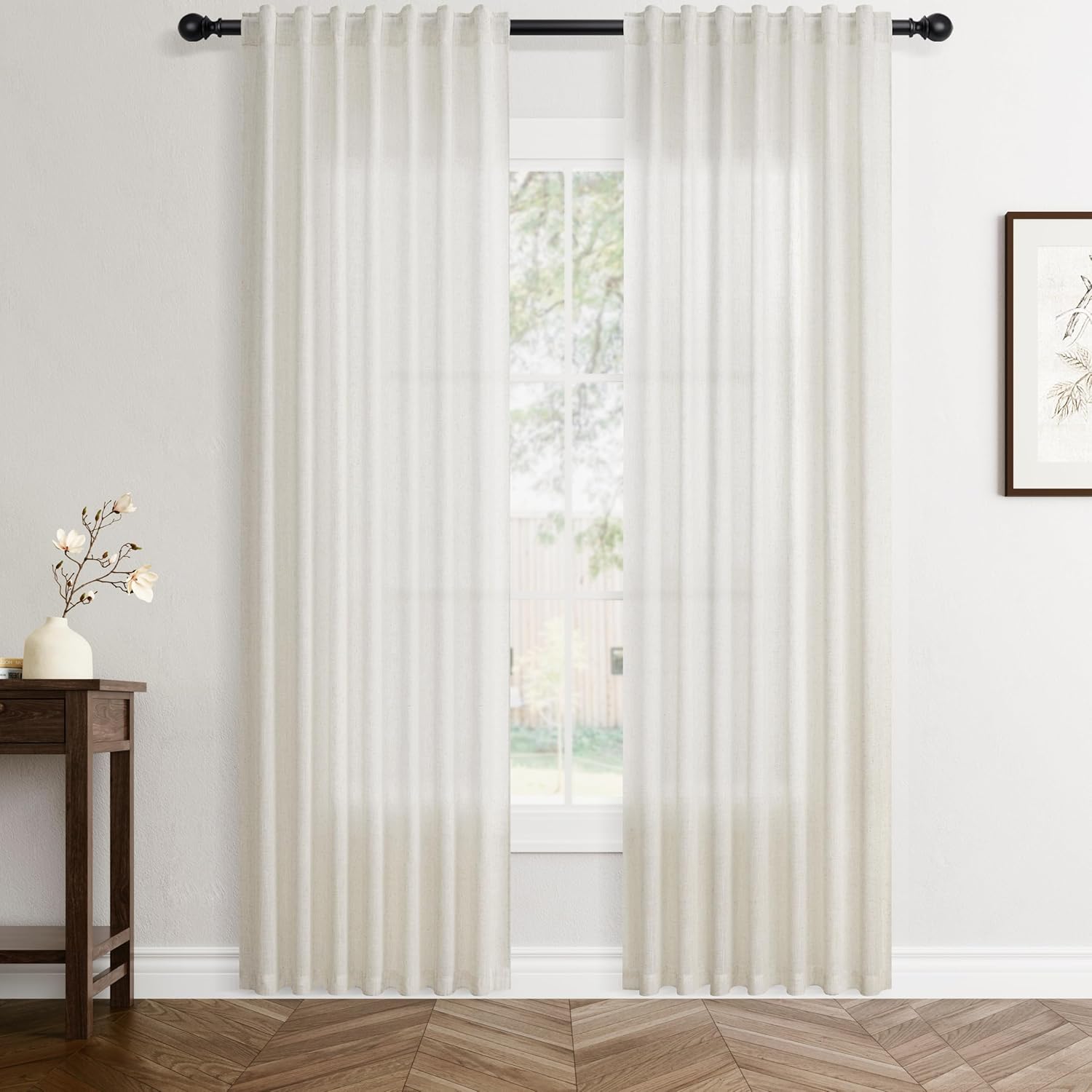 Linen White Curtains 84 inches Long for Bedroom Back Tab Privacy Light Filtering Semi Sheer White Boho Farmhouse Curtain Textured Modern Elegant Coastal Decor Curtains for Living Room