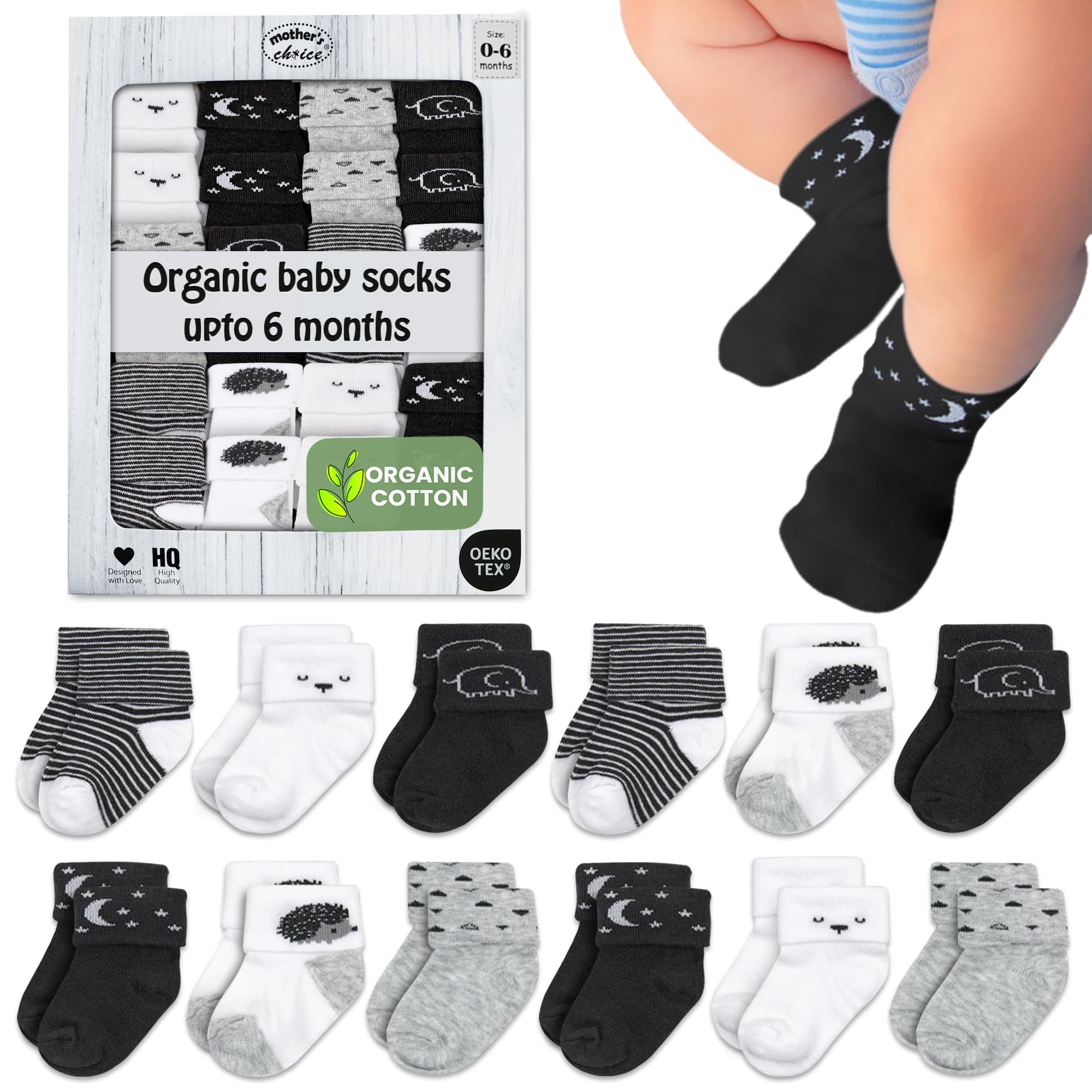 Mother's Choice Organic Cotton Baby Socks Infant 0-6 Months - 12 pairs Soft, Cozy, and Gentle Newborn Socks for Girls & Boys, Perfect Baby Gift for Everyday Wear, and Infant Comfort