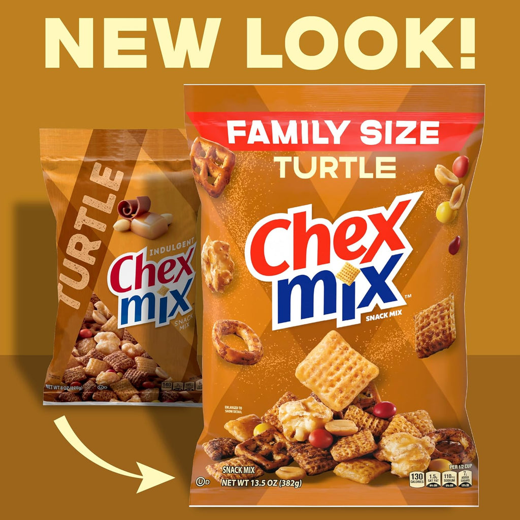 Chex Mix Turtle Snack Mix, Indulgent Snacks, Family Size, 13.5 oz