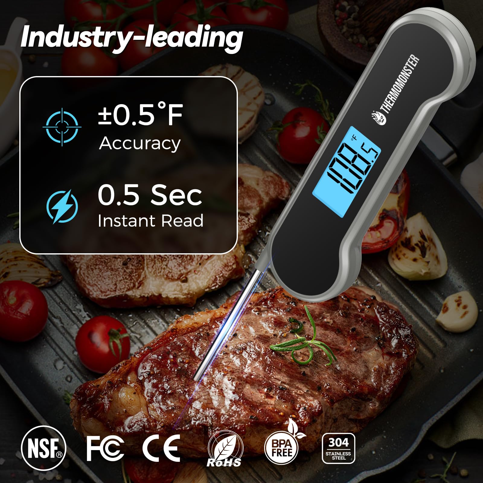 0.5 Sec Instant Read Meat Thermometer Digital with ±0.5℉ Precision, Food Thermometer for Cooking Kitchen Gadgets, Oven Grill Candy BBQ Essentials Accessories, Gifts for Him Dad Men Birthday, Red