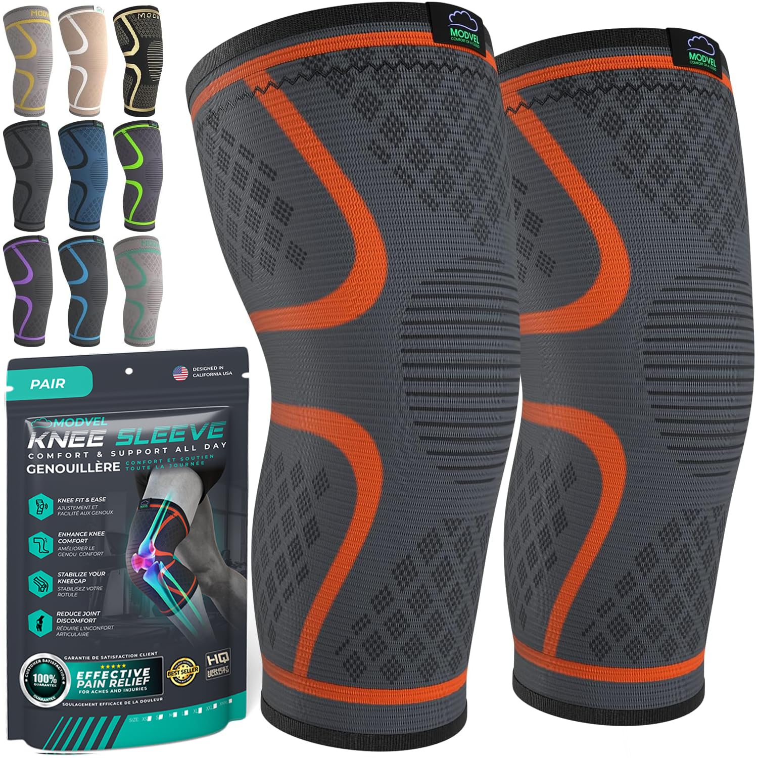 Modvel Compression Knee Brace for Women & Men, 2-Pack Knee Brace for Running Knee Pain, Knee Support Compression Sleeve, Workout Sports Knee Braces for Meniscus Tear, ACL & Arthritis Pain Relief