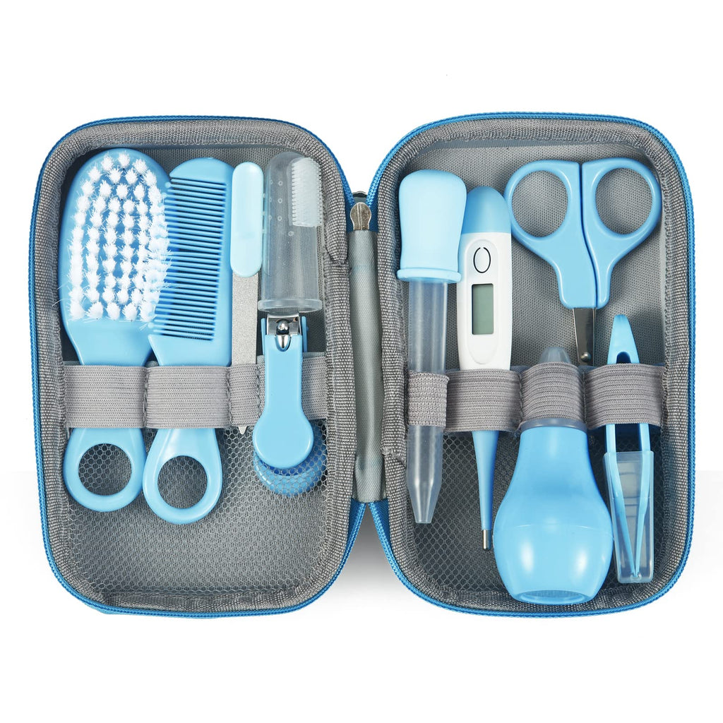 PandaEar Baby Healthcare & Grooming Kit - Baby Safety Set Comb, Brush, Finger Toothbrush, Nail Clippers, Scissors, Nasal Aspirator - Nursery Care Kit (Blue)