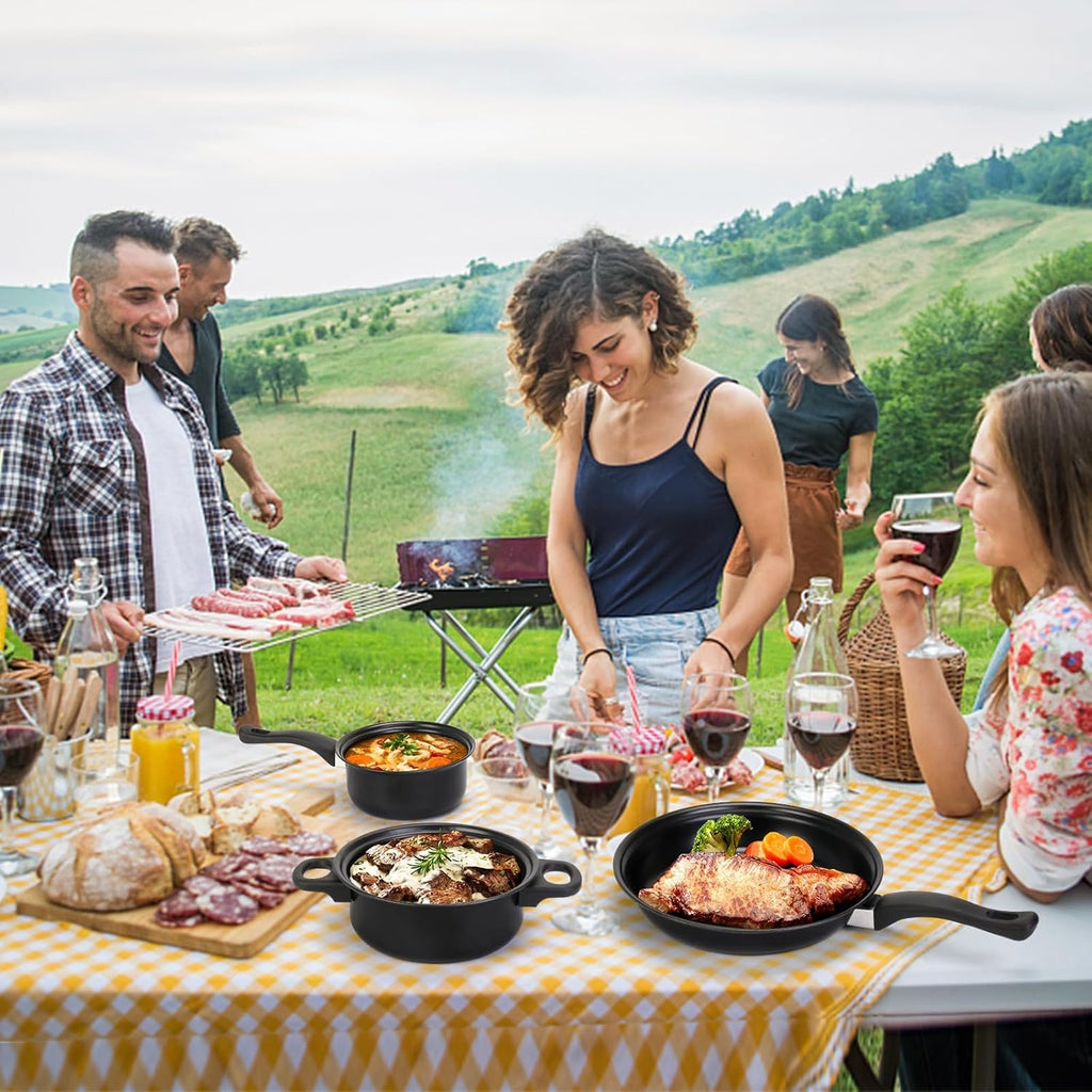 Non-Stick Cookware Set, 13 Piece Set Portable Lightweight Cast Iron Pots and Pans with Glass Lids and Nylon Utensils for Outdoor Camping Picnic Travel Cookware