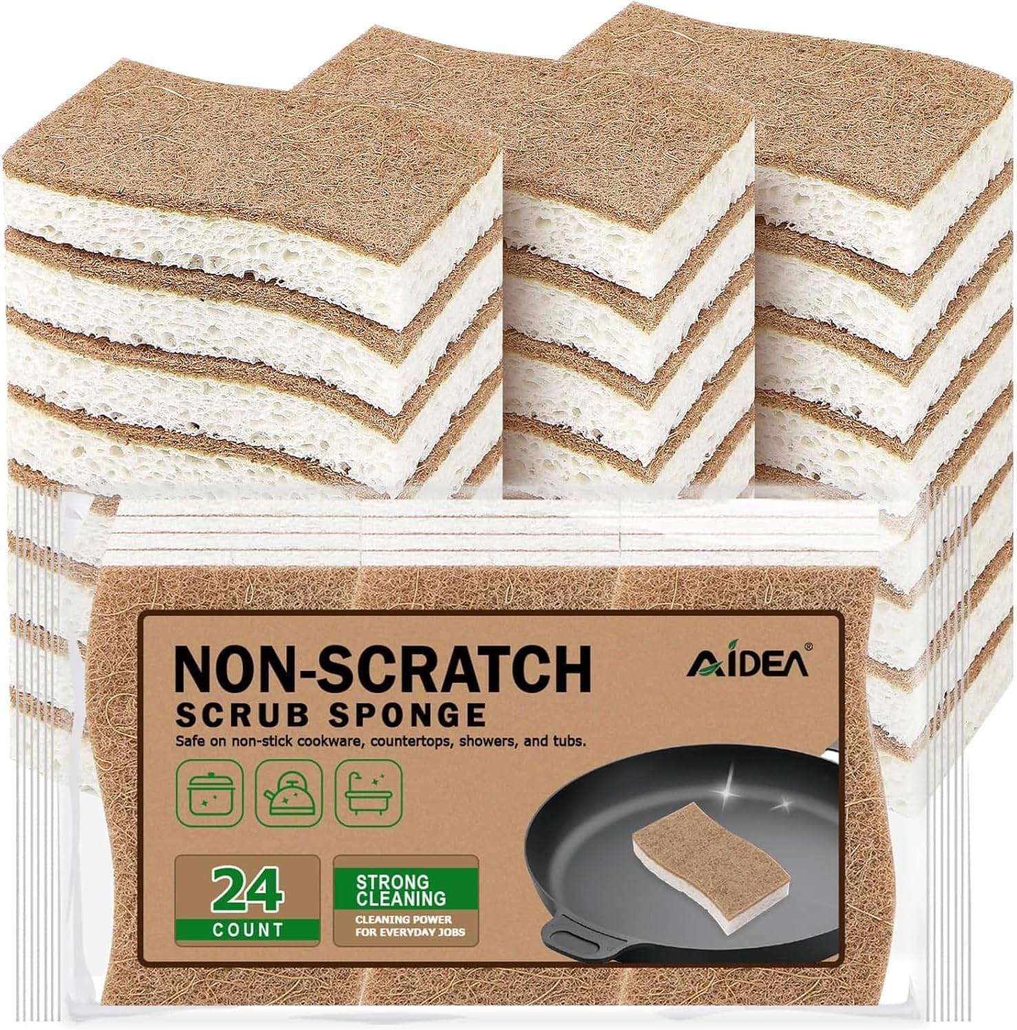 AIDEA Sponges Non Scratch, 24Count, Natural Sponge for Non Stick Cookware, Sponges Kitchen, Cellulose Scrub Sponge for Dishes, Cleaning Power for Kitchen, Bathroom, Household