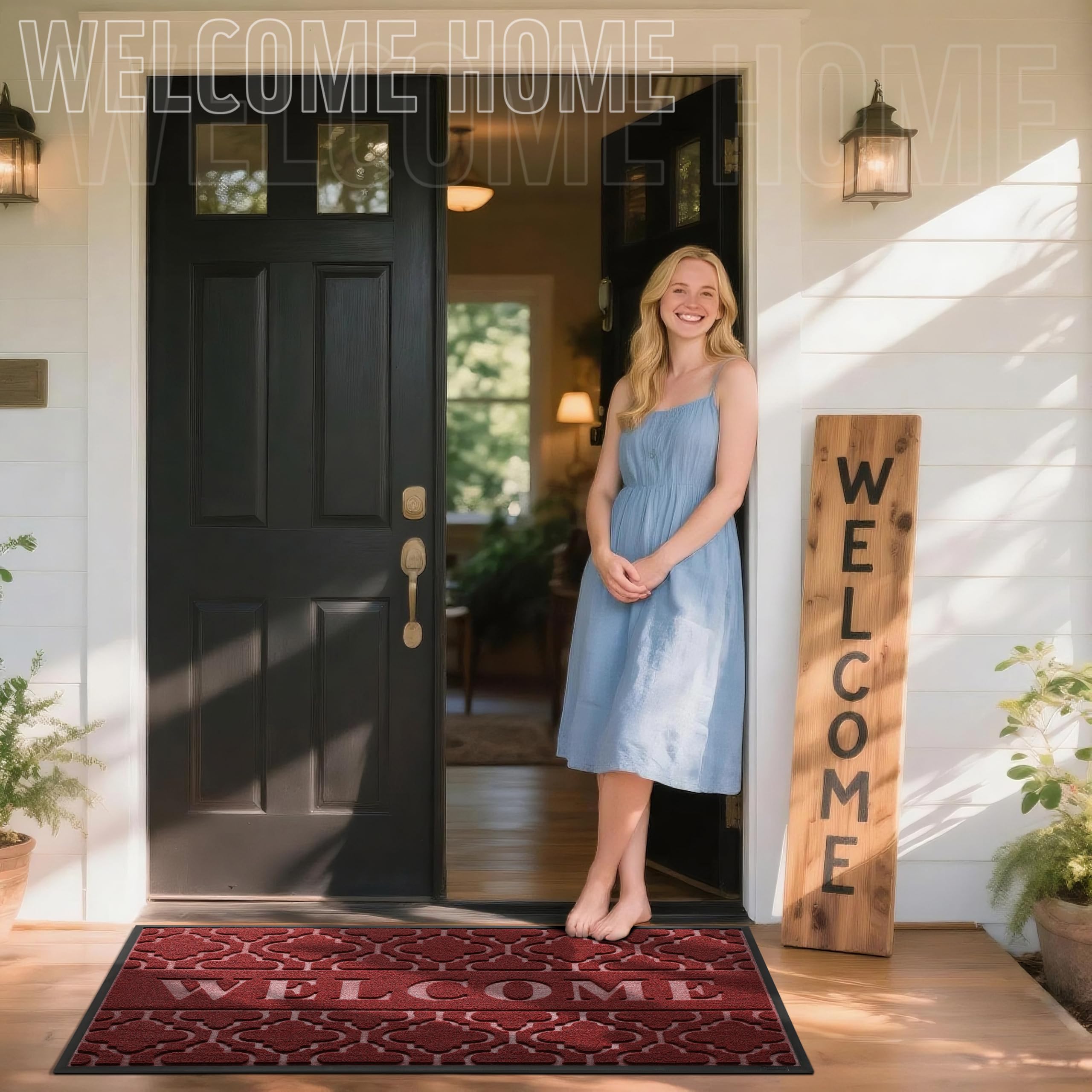 Yimobra Welcome Mat Outdoor Indoor, All-Weather Waterproof Front Door Mat Outside Entrance, Non-Slip Low Profile Porch Patio Doormat, 29.5x17, Black