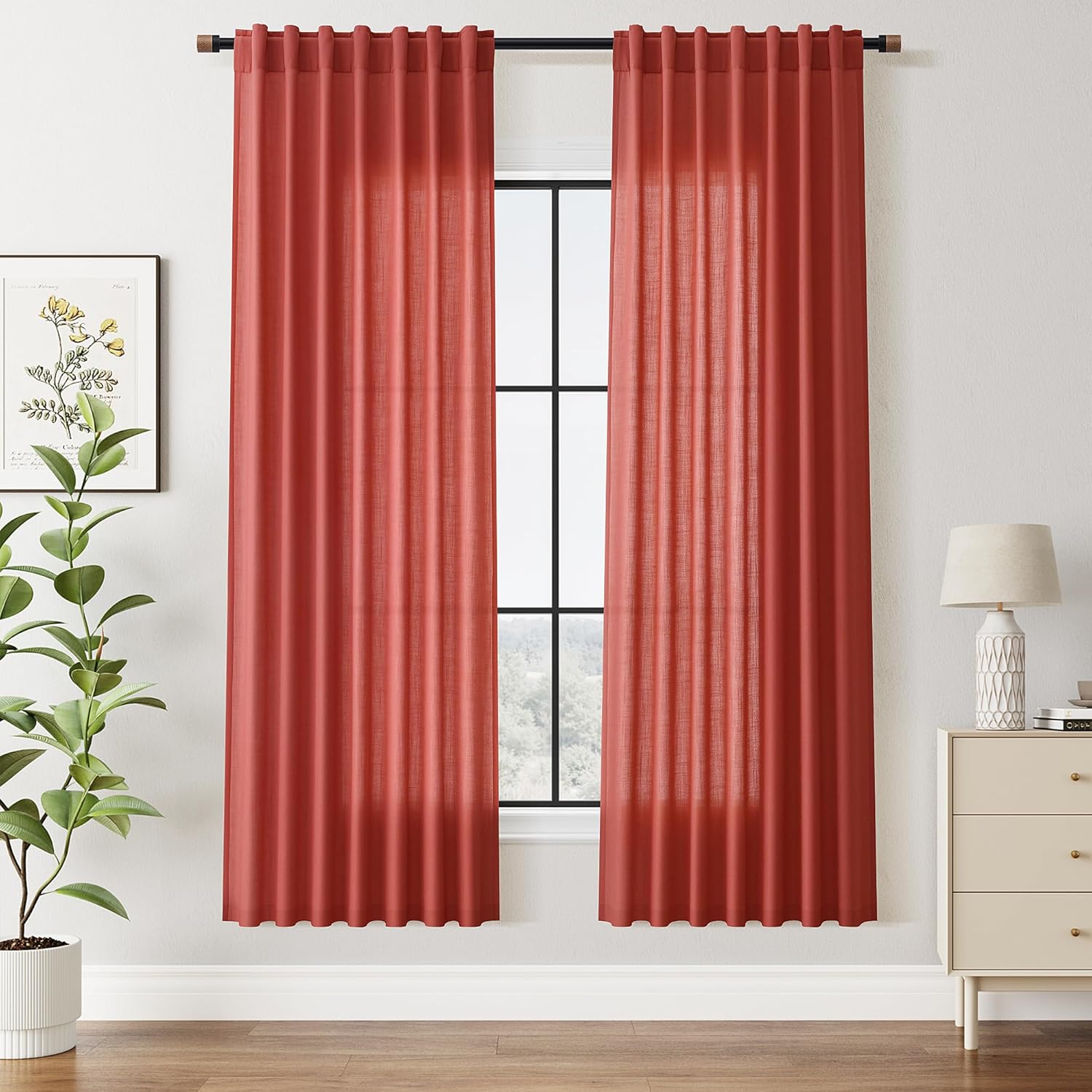 Nanspring Burgundy Linen Curtains 84 Inch Length 2 Panels Set for Living Room Rod Pocket Back Tab Light Filtering Window Drapes for Bedroom Dining Room Protect Privacy Modern Farmhouse Decor 52x84