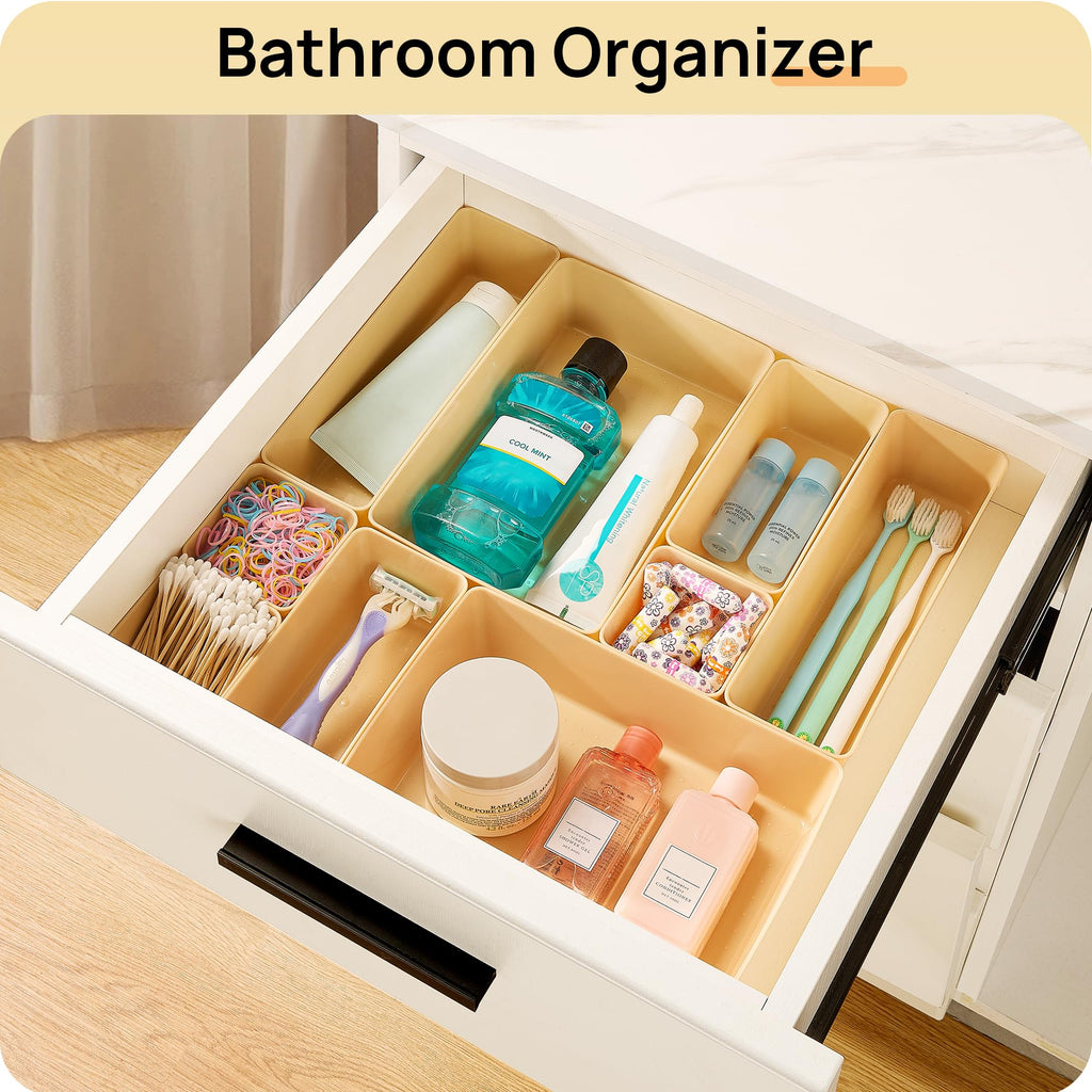 Vtopmart 25 PCS Clear Plastic Drawer Organizers Set, 4-Size Versatile Bathroom and Vanity Drawer Organizer Trays, Storage Bins for Makeup, Bedroom, Kitchen Gadgets Utensils and Office