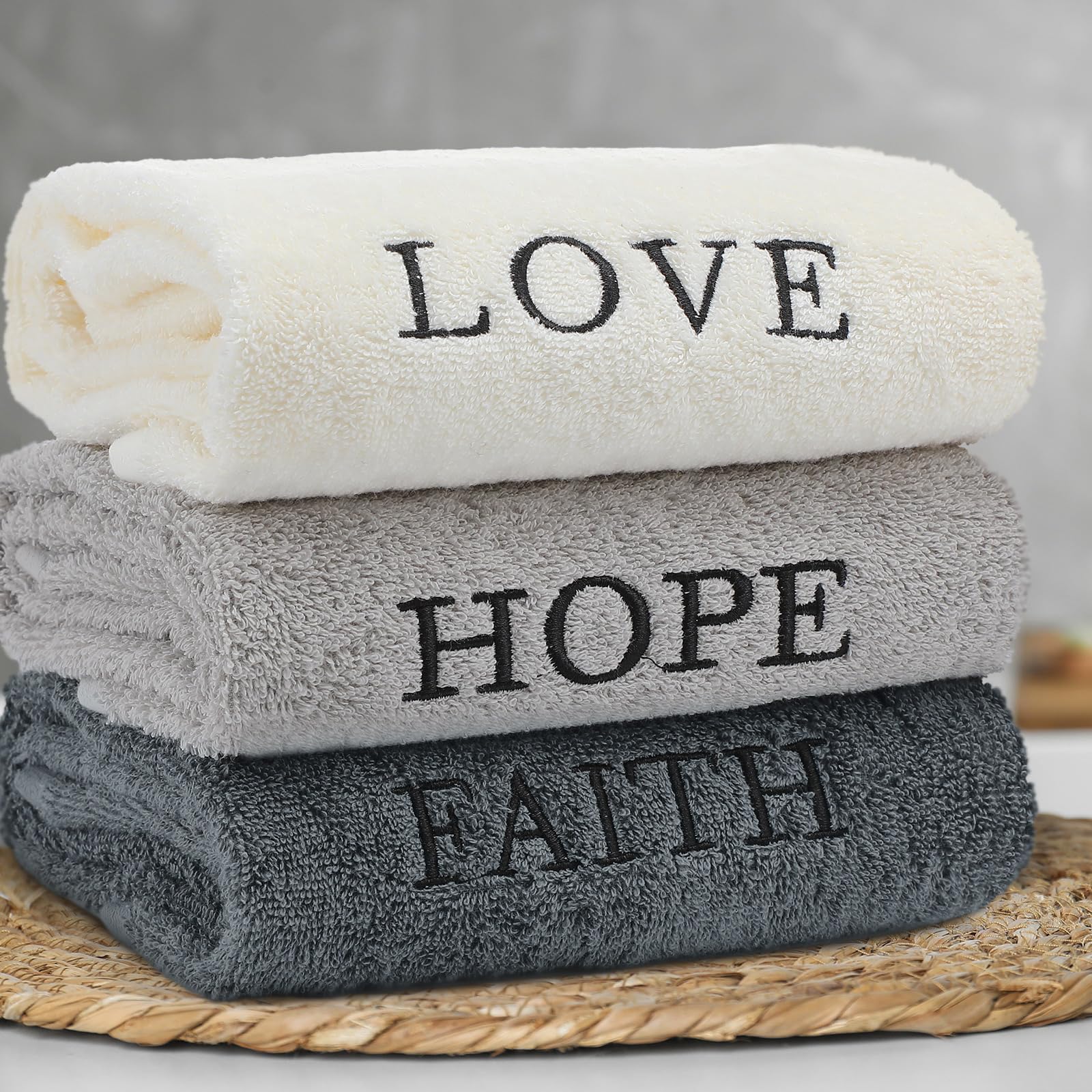 3 Pcs Home Love Family Hand Towels Farmhouse Decorative Embroidered Bathroom Hand Towels Rustic 100% Cotton Brown Hand Towels Set for Boho Bathroom Kitchen Decor