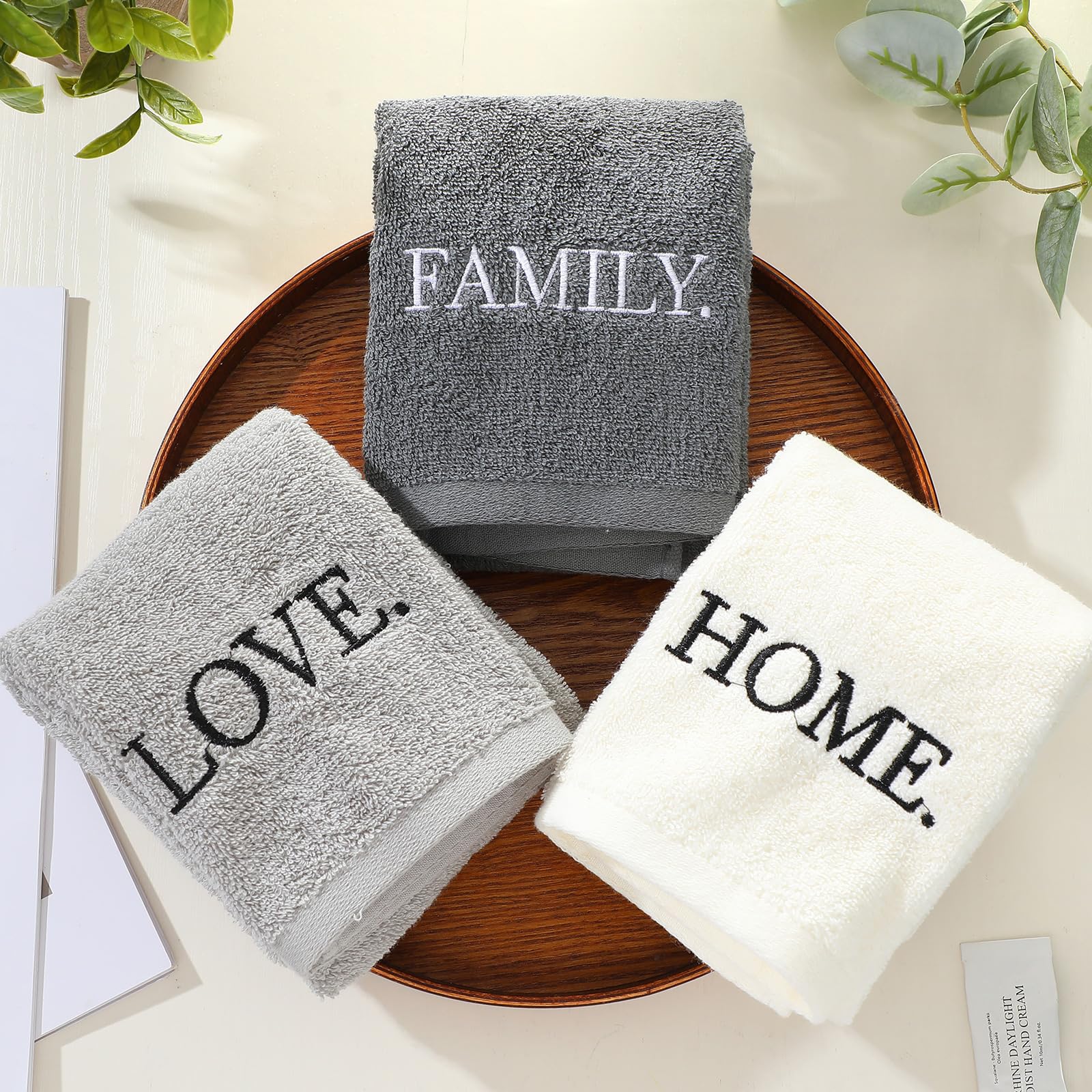 3 Pcs Home Love Family Hand Towels Farmhouse Decorative Embroidered Bathroom Hand Towels Rustic 100% Cotton Brown Hand Towels Set for Boho Bathroom Kitchen Decor
