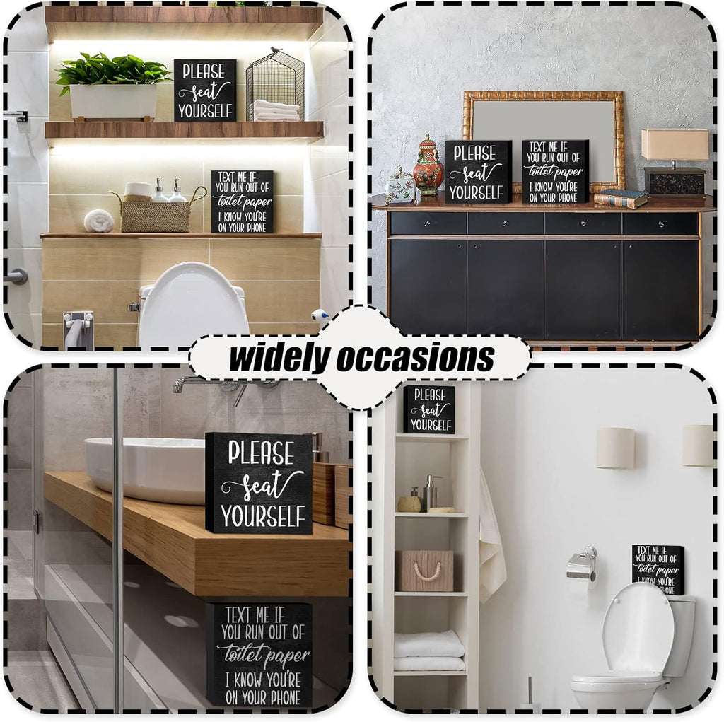 Jetec 2 Pieces Farmhouse Bathroom Signs Decor Wooden Box Sign Funny Bathroom Wall Art Rustic Wood Plaque Please Seat Yourself Decor for Home Restroom(Black)