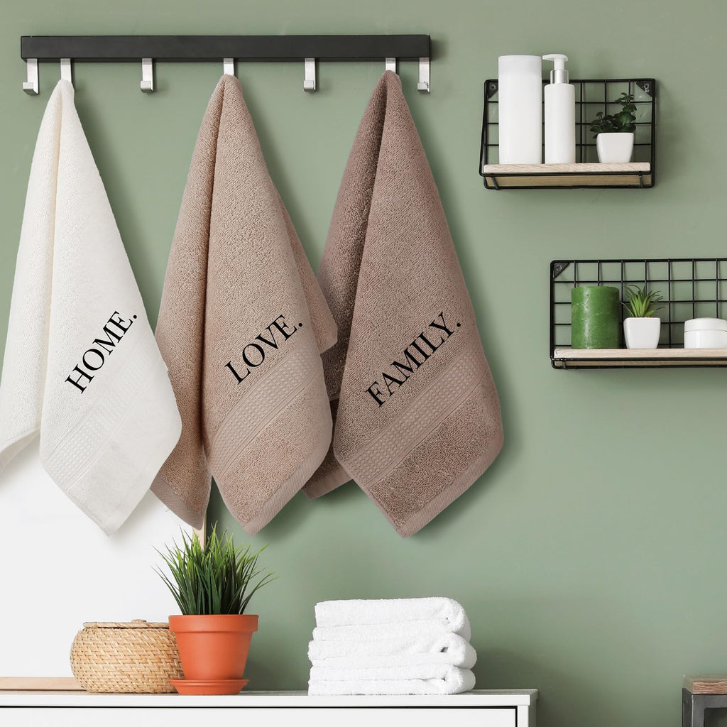 3 Pcs Home Love Family Hand Towels Farmhouse Decorative Embroidered Bathroom Hand Towels Rustic 100% Cotton Brown Hand Towels Set for Boho Bathroom Kitchen Decor