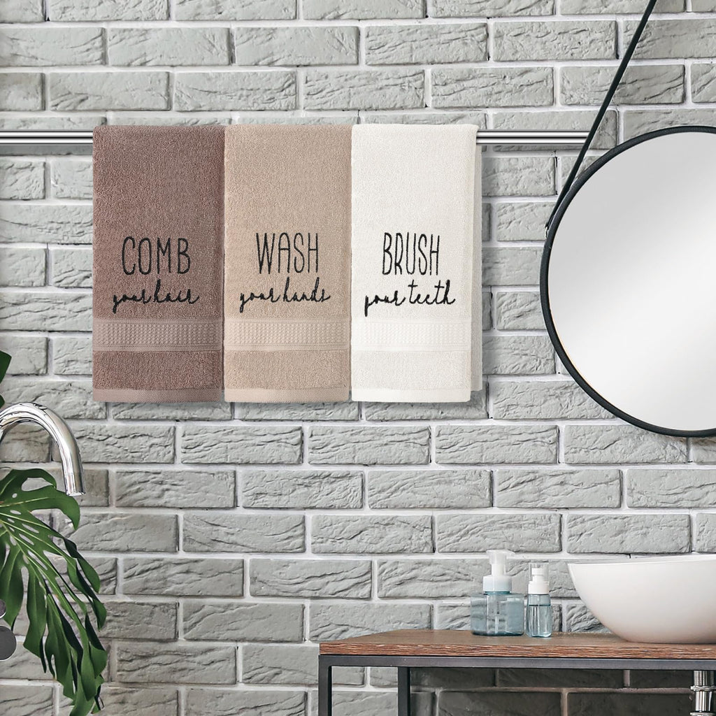 3 Pcs Home Love Family Hand Towels Farmhouse Decorative Embroidered Bathroom Hand Towels Rustic 100% Cotton Brown Hand Towels Set for Boho Bathroom Kitchen Decor