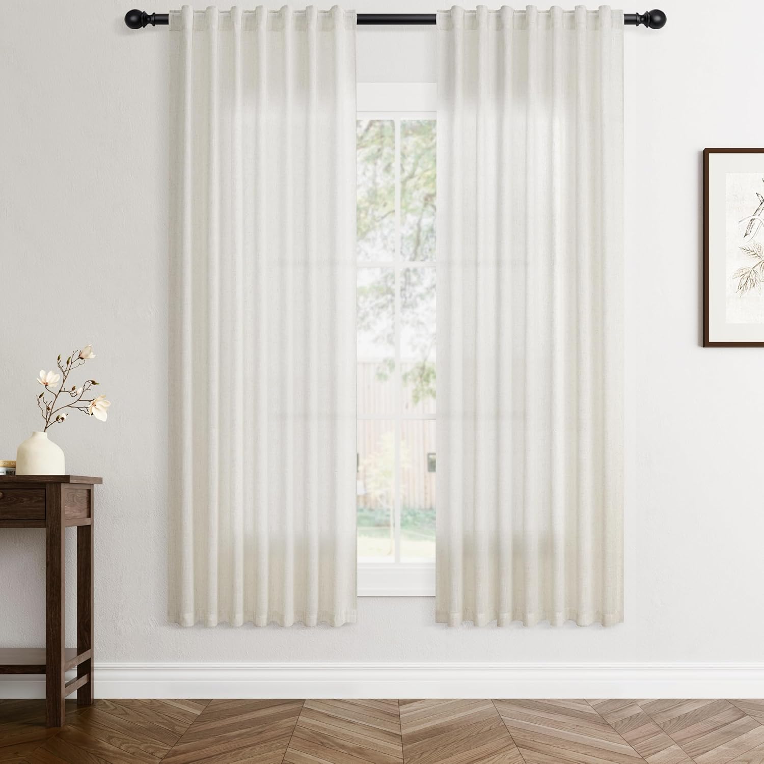 Rustic Brown Linen Back Tab Curtains 84 Inch Length for Living Room 2 Panel Pocket Drape Light Filtering Semi Sheer Cream Country Rustic Farmhouse Boho Curtain Bedroom Pinch Pleated Look