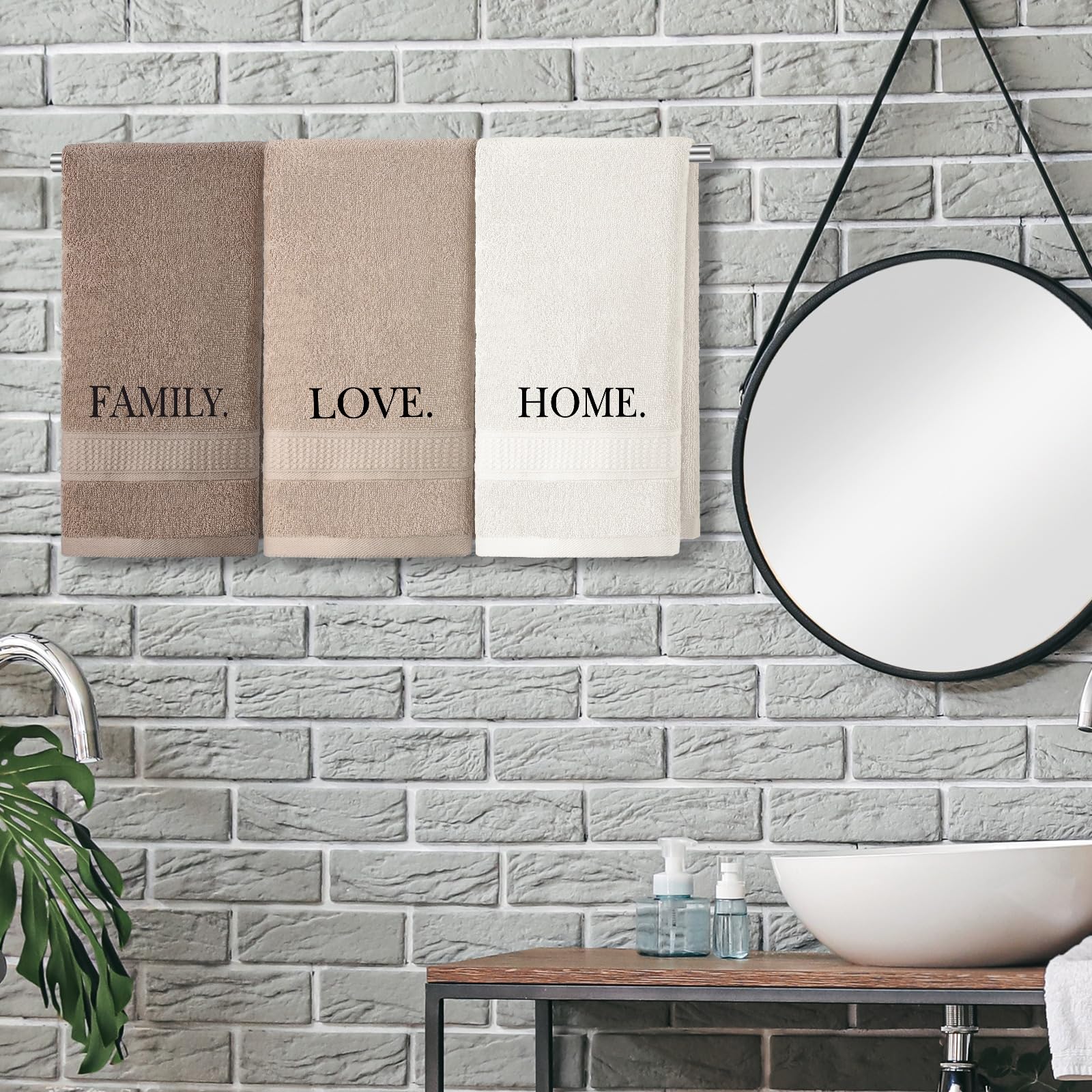 3 Pcs Home Love Family Hand Towels Farmhouse Decorative Embroidered Bathroom Hand Towels Rustic 100% Cotton Brown Hand Towels Set for Boho Bathroom Kitchen Decor