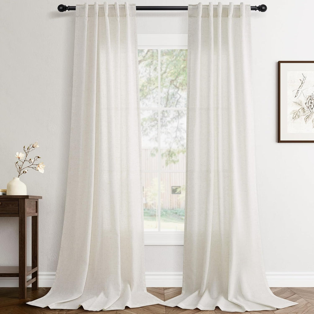 Rustic Brown Linen Back Tab Curtains 84 Inch Length for Living Room 2 Panel Pocket Drape Light Filtering Semi Sheer Cream Country Rustic Farmhouse Boho Curtain Bedroom Pinch Pleated Look