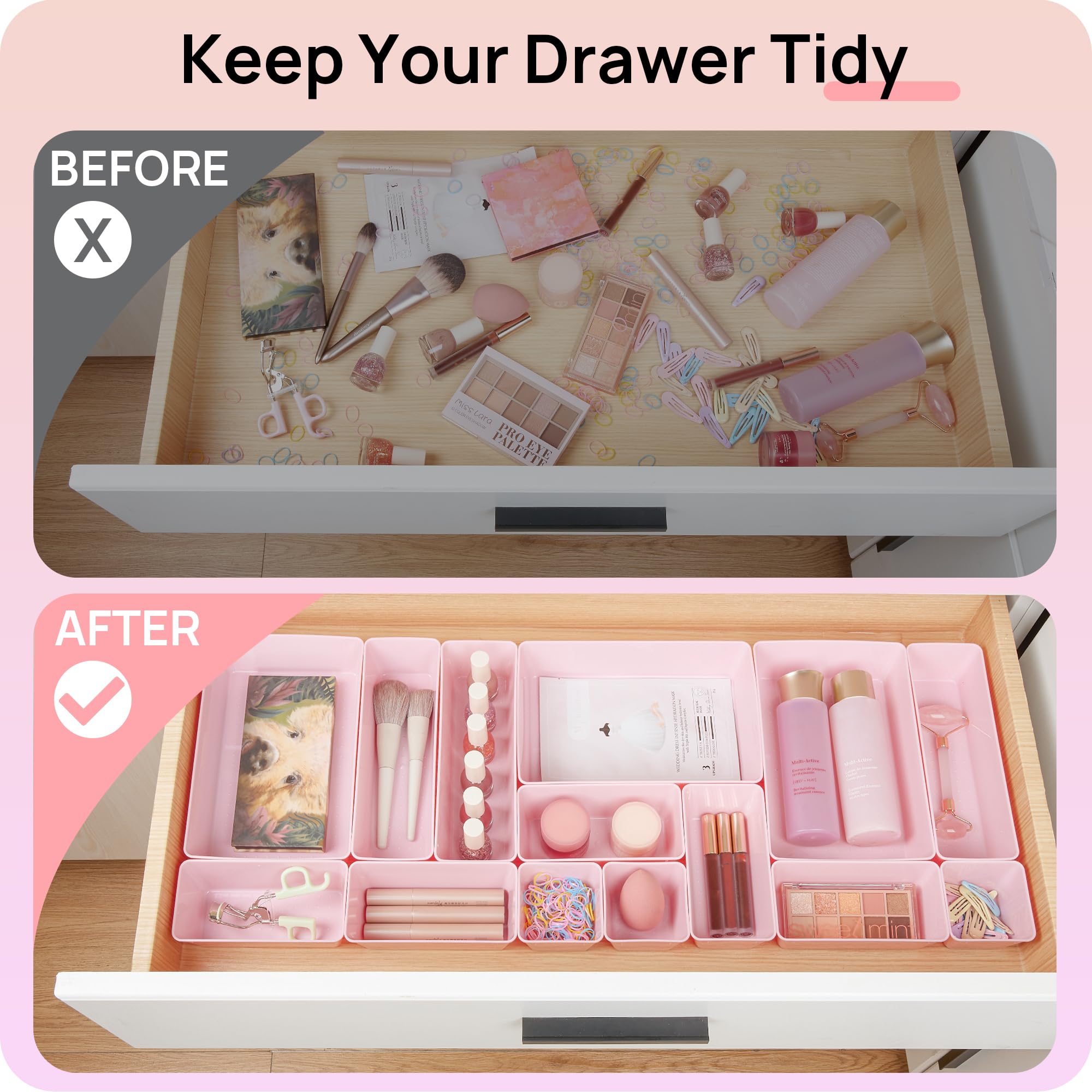 Vtopmart 25 PCS Clear Plastic Drawer Organizers Set, 4-Size Versatile Bathroom and Vanity Drawer Organizer Trays, Storage Bins for Makeup, Bedroom, Kitchen Gadgets Utensils and Office