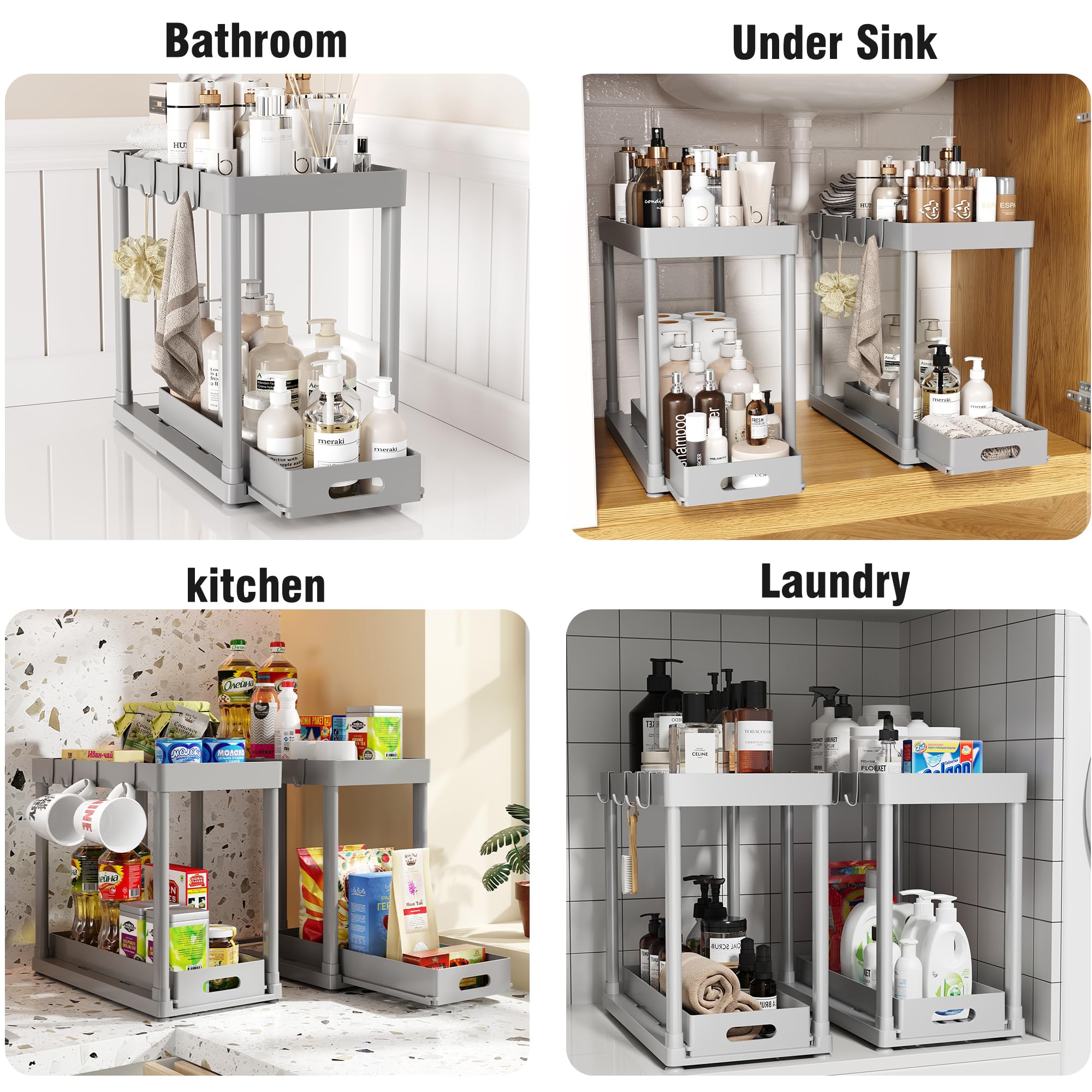 POUGNY 2 Pack Pull-Out Storage Organizers, Under Sink Organizer and Storage for Bathroom & Kitchen,Multi-Purpose Under Cabinet Organizers and storage Black