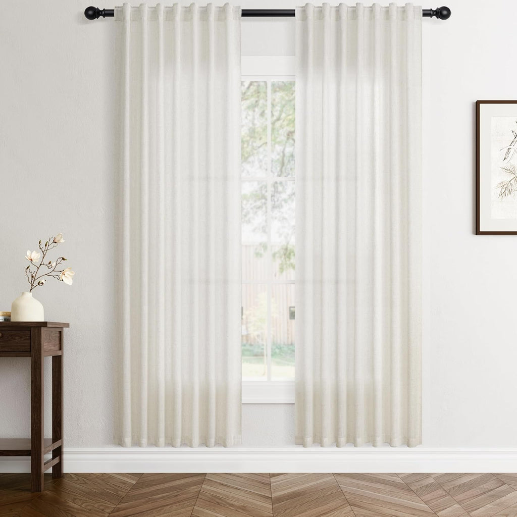 Rustic Brown Linen Back Tab Curtains 84 Inch Length for Living Room 2 Panel Pocket Drape Light Filtering Semi Sheer Cream Country Rustic Farmhouse Boho Curtain Bedroom Pinch Pleated Look