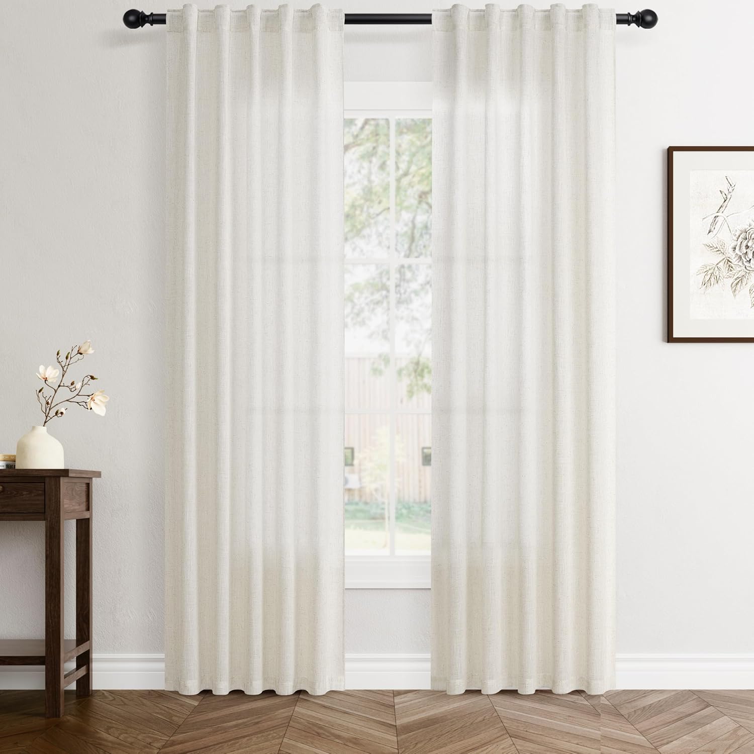 Rustic Brown Linen Back Tab Curtains 84 Inch Length for Living Room 2 Panel Pocket Drape Light Filtering Semi Sheer Cream Country Rustic Farmhouse Boho Curtain Bedroom Pinch Pleated Look