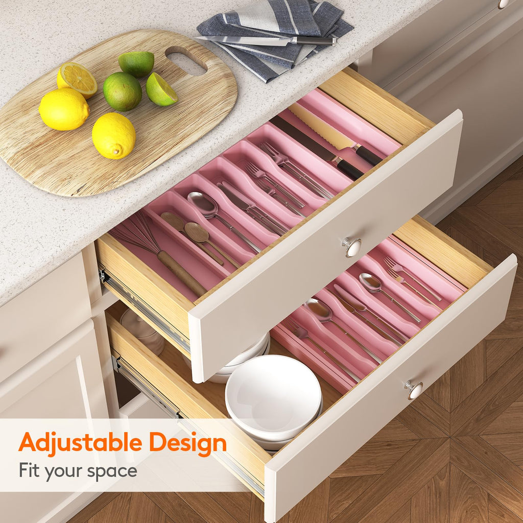 Lifewit Silverware Drawer Organizer, Expandable Utensil Tray for Kitchen, BPA Free Flatware and Cutlery Holder, Adjustable Plastic Storage for Spoons Forks Knives, 8.5"-14.1" x 12.1", Black