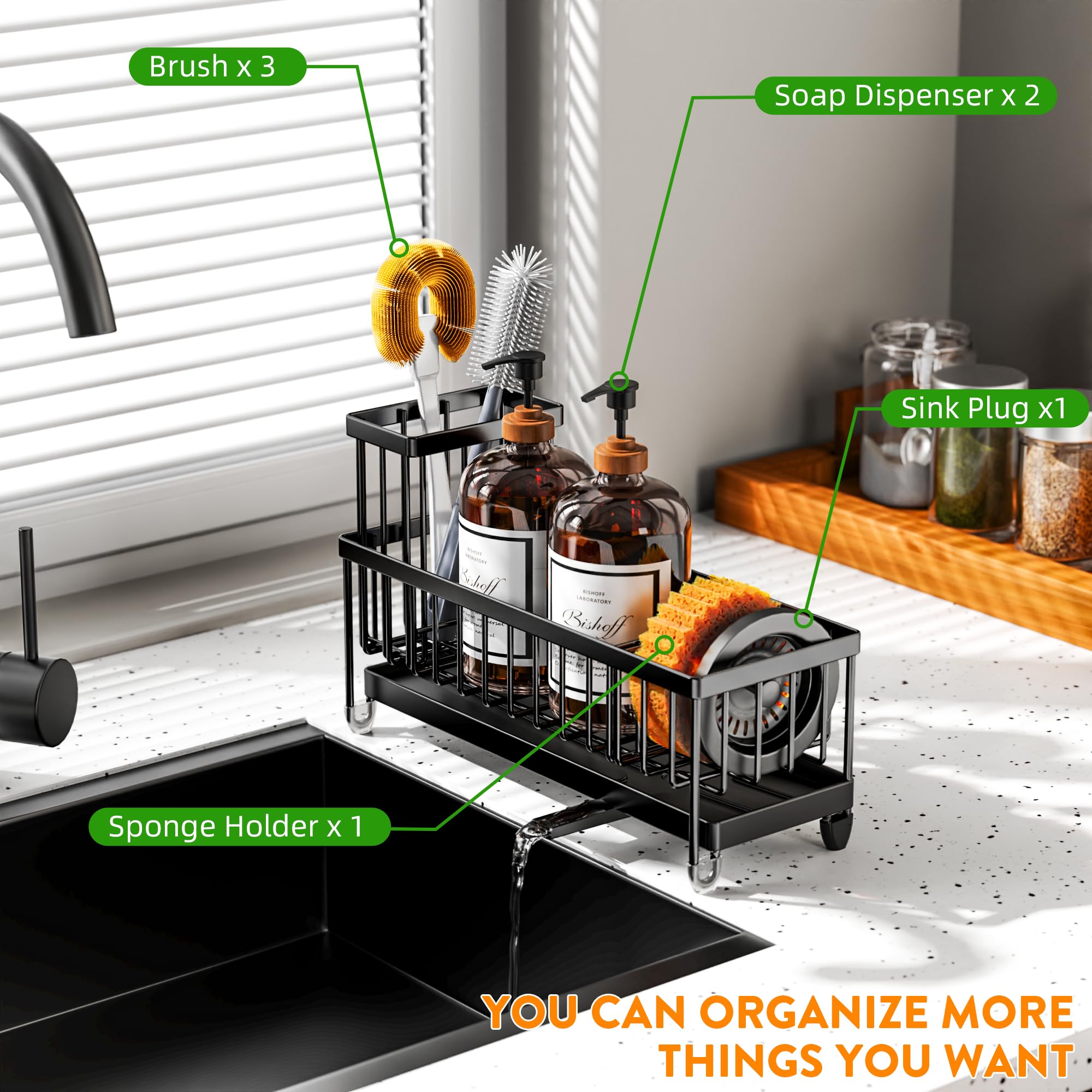 Cisily Black Sponge Holder for Kitchen Sink, Sink Caddy Organizer with High Brush Holder, Kitchen Countertop Organizers and Storage Essentials, Rustproof 304 Stainless Steel, Soap Dispenser Organize