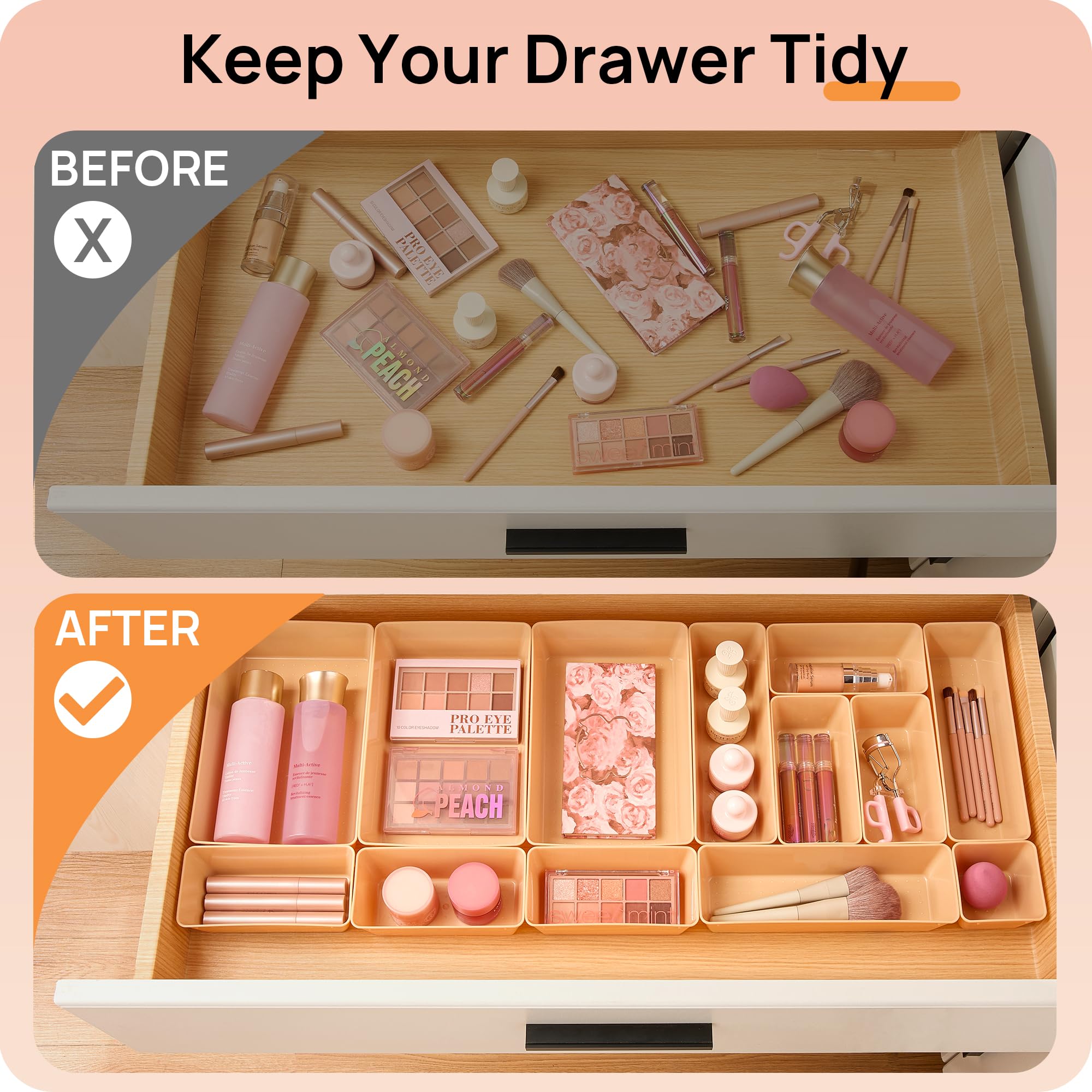 Vtopmart 25 PCS Clear Plastic Drawer Organizers Set, 4-Size Versatile Bathroom and Vanity Drawer Organizer Trays, Storage Bins for Makeup, Bedroom, Kitchen Gadgets Utensils and Office