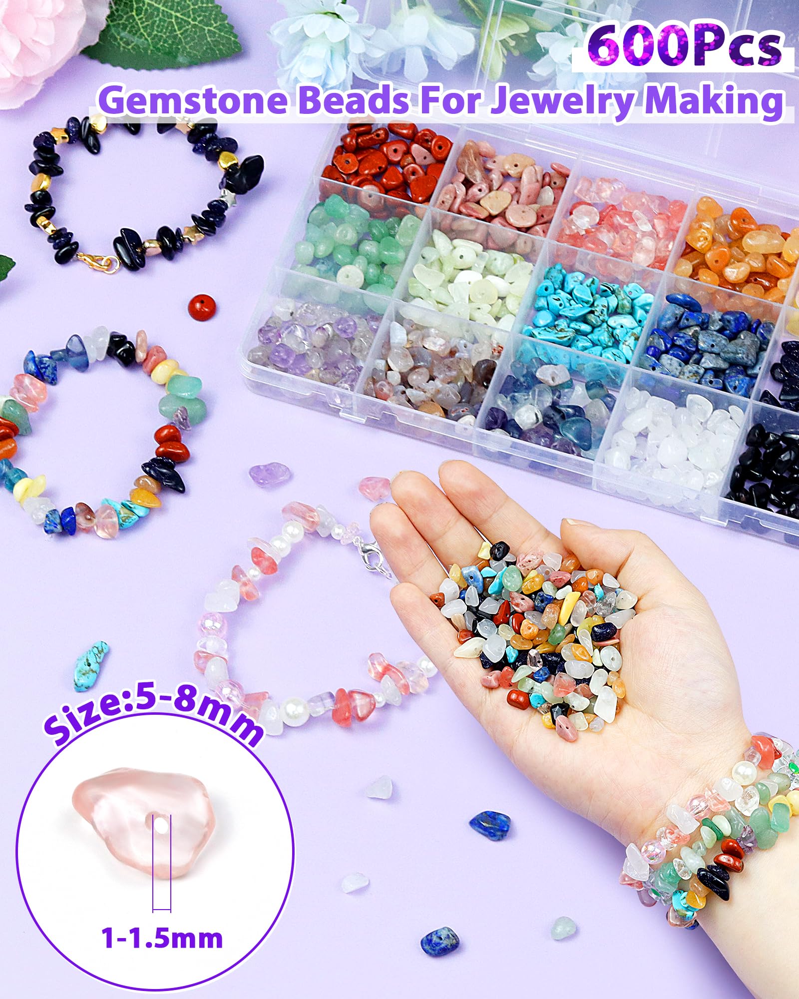 FIVEIZERO 600pcs Natural Chip Stone Beads 5-8mm - 15 Color Crystal Chip Beads for Jewelry Making, Valentine's Day Bracelet,DIY Irregular Gemstone Beads with Drilled Holes