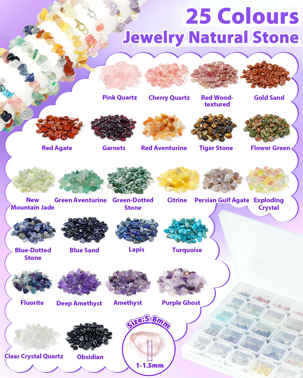 FIVEIZERO 600pcs Natural Chip Stone Beads 5-8mm - 15 Color Crystal Chip Beads for Jewelry Making, Valentine's Day Bracelet,DIY Irregular Gemstone Beads with Drilled Holes