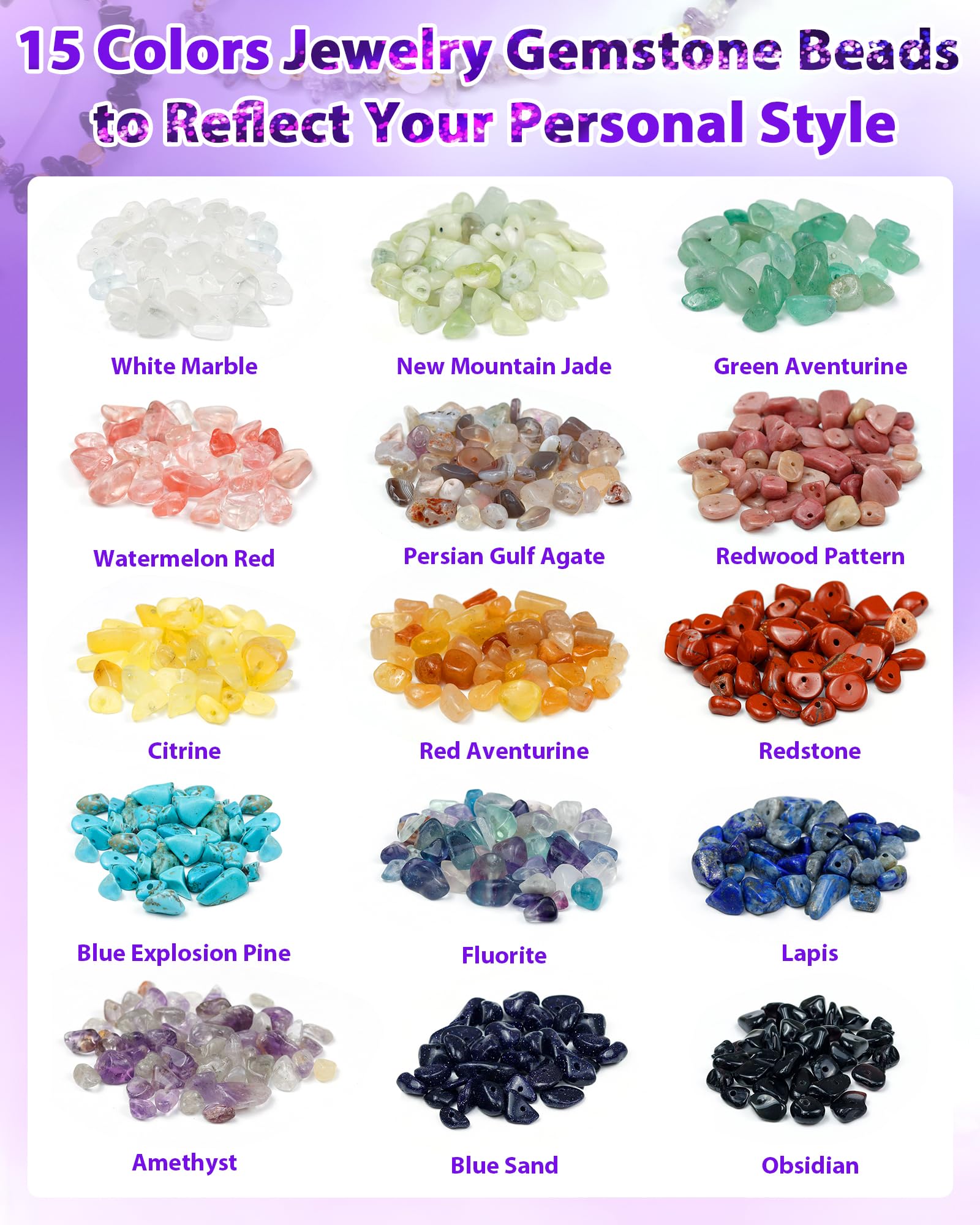 FIVEIZERO 600pcs Natural Chip Stone Beads 5-8mm - 15 Color Crystal Chip Beads for Jewelry Making, Valentine's Day Bracelet,DIY Irregular Gemstone Beads with Drilled Holes