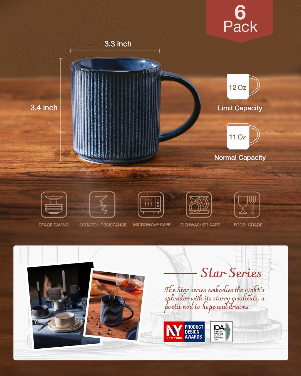 famiware Coffee Mugs Set of 6, Starlight 11 oz Mug Cup Set with Handle for Coffee, Tea, Cocoa, Milk - Ceramic Stoneware Mug Set, Matte Black Grey