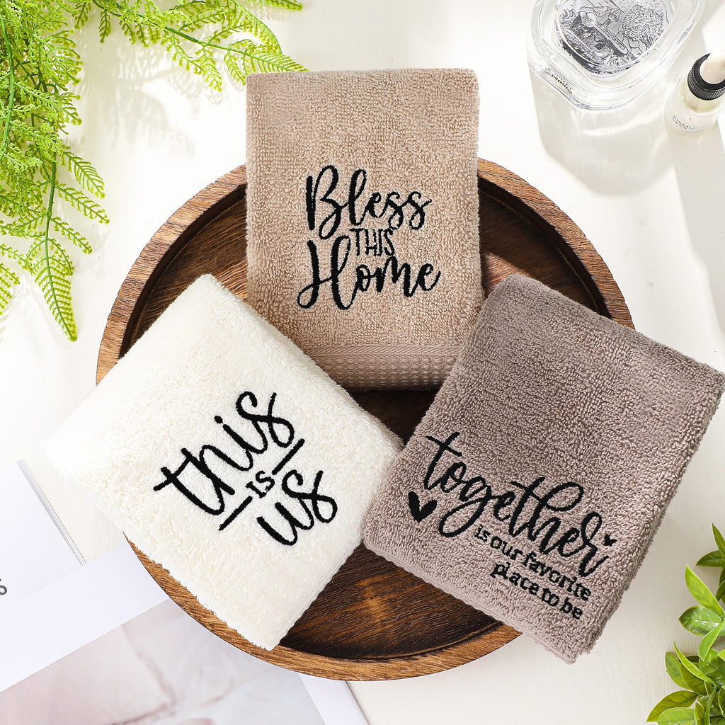 3 Pcs Home Love Family Hand Towels Farmhouse Decorative Embroidered Bathroom Hand Towels Rustic 100% Cotton Brown Hand Towels Set for Boho Bathroom Kitchen Decor