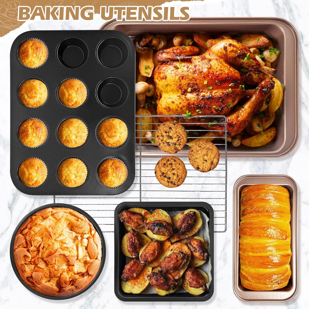 15pcs Nonstick Bakeware Set with Cooling Rack & Accessories, Baking Pan Set Includes Muffin Pan, Cake Pans, Loaf Pan, Baking Sheet, Measuring Cups & Tongs – Oven Safe Metal Bakeware for Home Baking