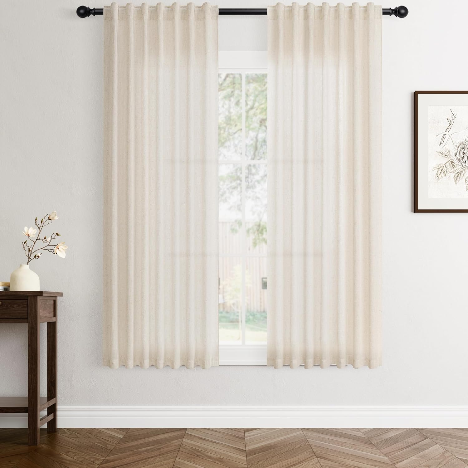 Rustic Brown Linen Back Tab Curtains 84 Inch Length for Living Room 2 Panel Pocket Drape Light Filtering Semi Sheer Cream Country Rustic Farmhouse Boho Curtain Bedroom Pinch Pleated Look