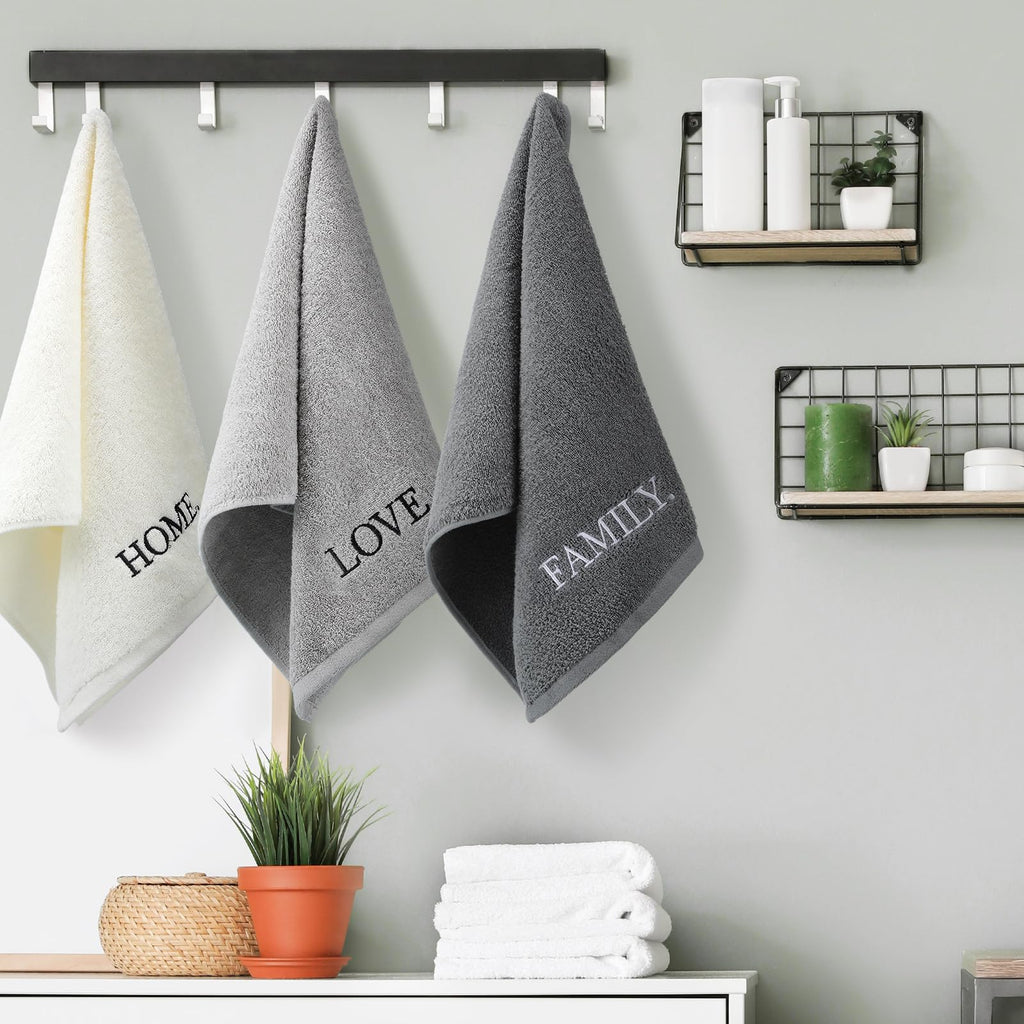 3 Pcs Home Love Family Hand Towels Farmhouse Decorative Embroidered Bathroom Hand Towels Rustic 100% Cotton Brown Hand Towels Set for Boho Bathroom Kitchen Decor