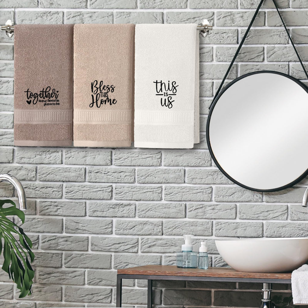 3 Pcs Home Love Family Hand Towels Farmhouse Decorative Embroidered Bathroom Hand Towels Rustic 100% Cotton Brown Hand Towels Set for Boho Bathroom Kitchen Decor