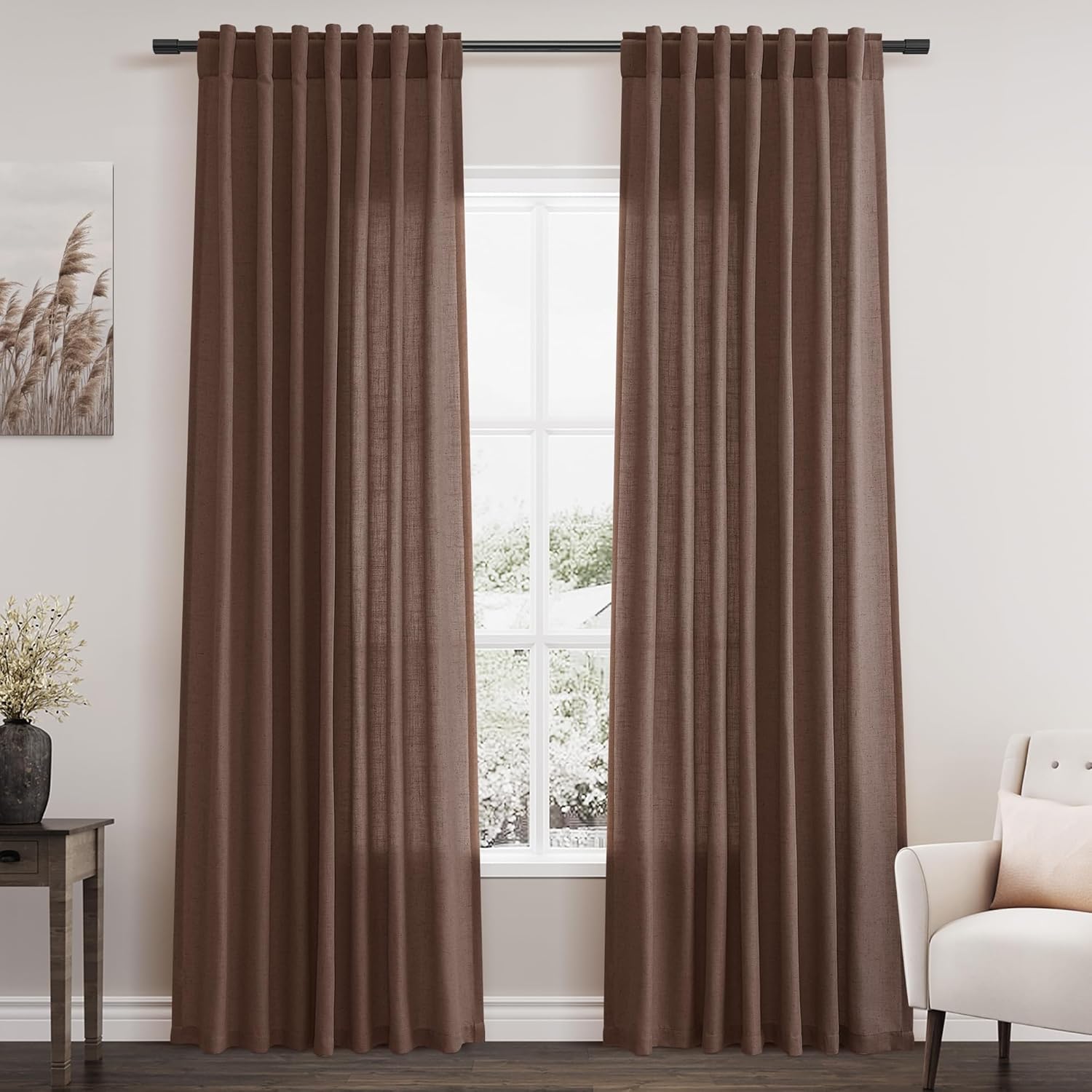 Nanspring Burgundy Linen Curtains 84 Inch Length 2 Panels Set for Living Room Rod Pocket Back Tab Light Filtering Window Drapes for Bedroom Dining Room Protect Privacy Modern Farmhouse Decor 52x84