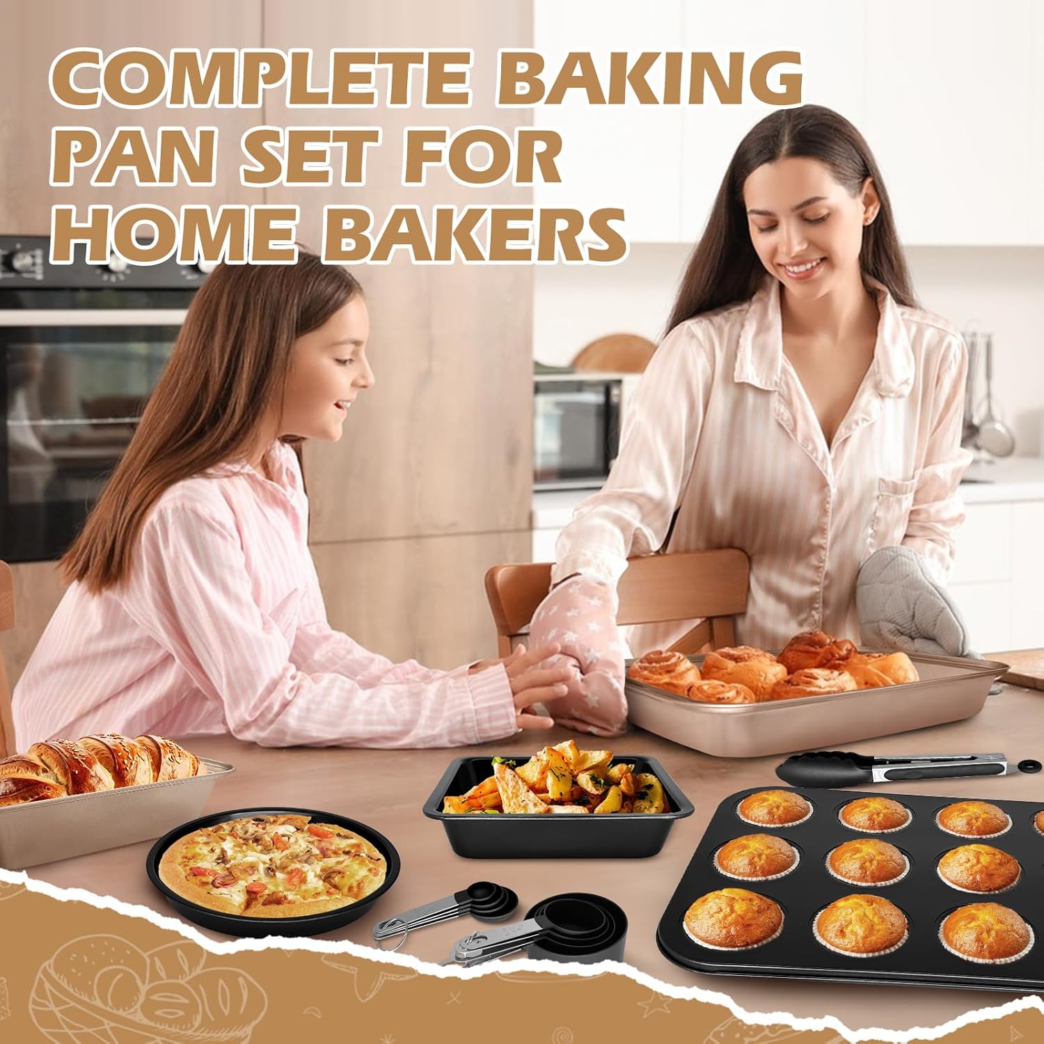 15pcs Nonstick Bakeware Set with Cooling Rack & Accessories, Baking Pan Set Includes Muffin Pan, Cake Pans, Loaf Pan, Baking Sheet, Measuring Cups & Tongs – Oven Safe Metal Bakeware for Home Baking